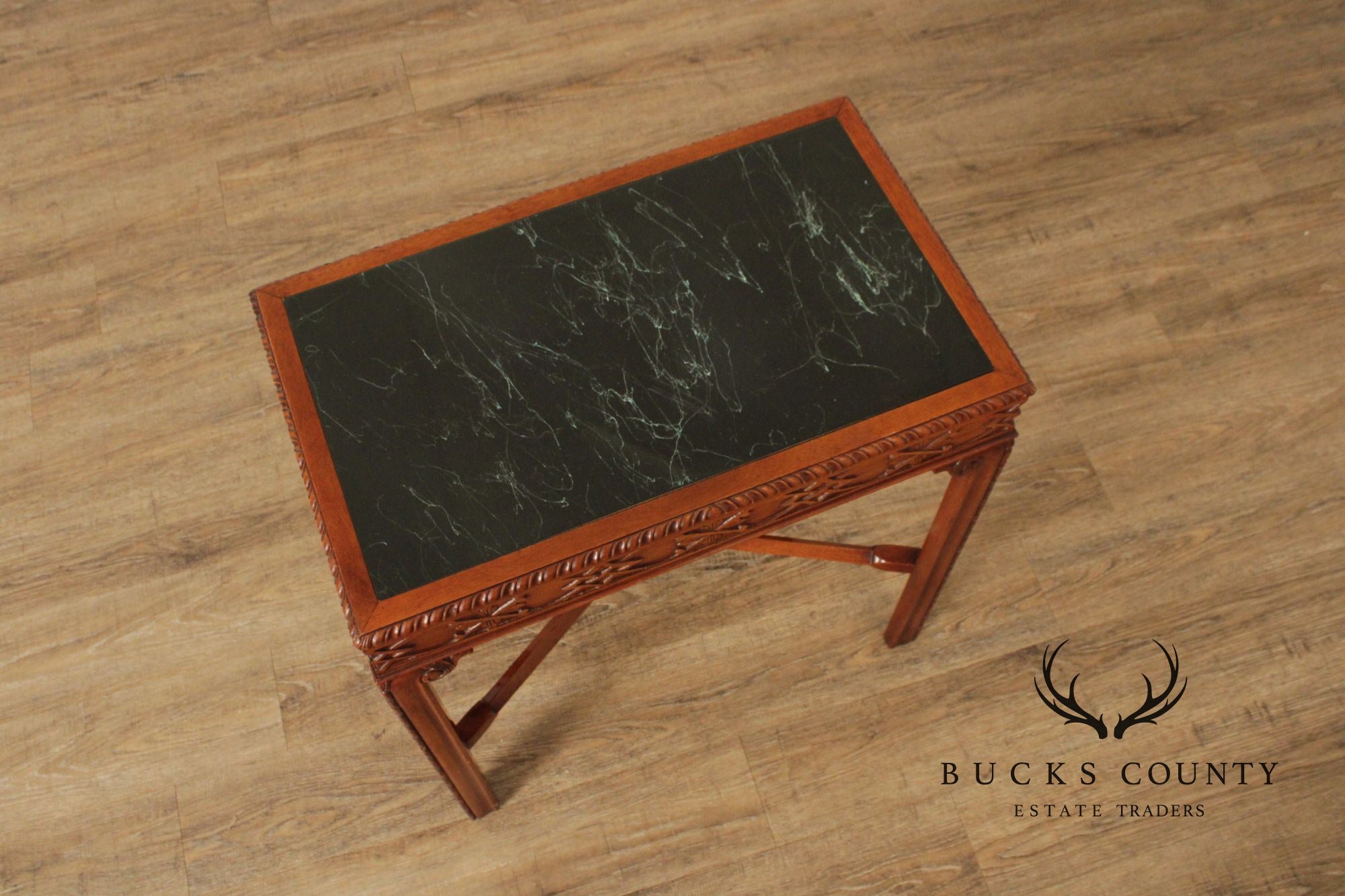 Chinese Chippendale Style Marble Top Mahogany Accent Table