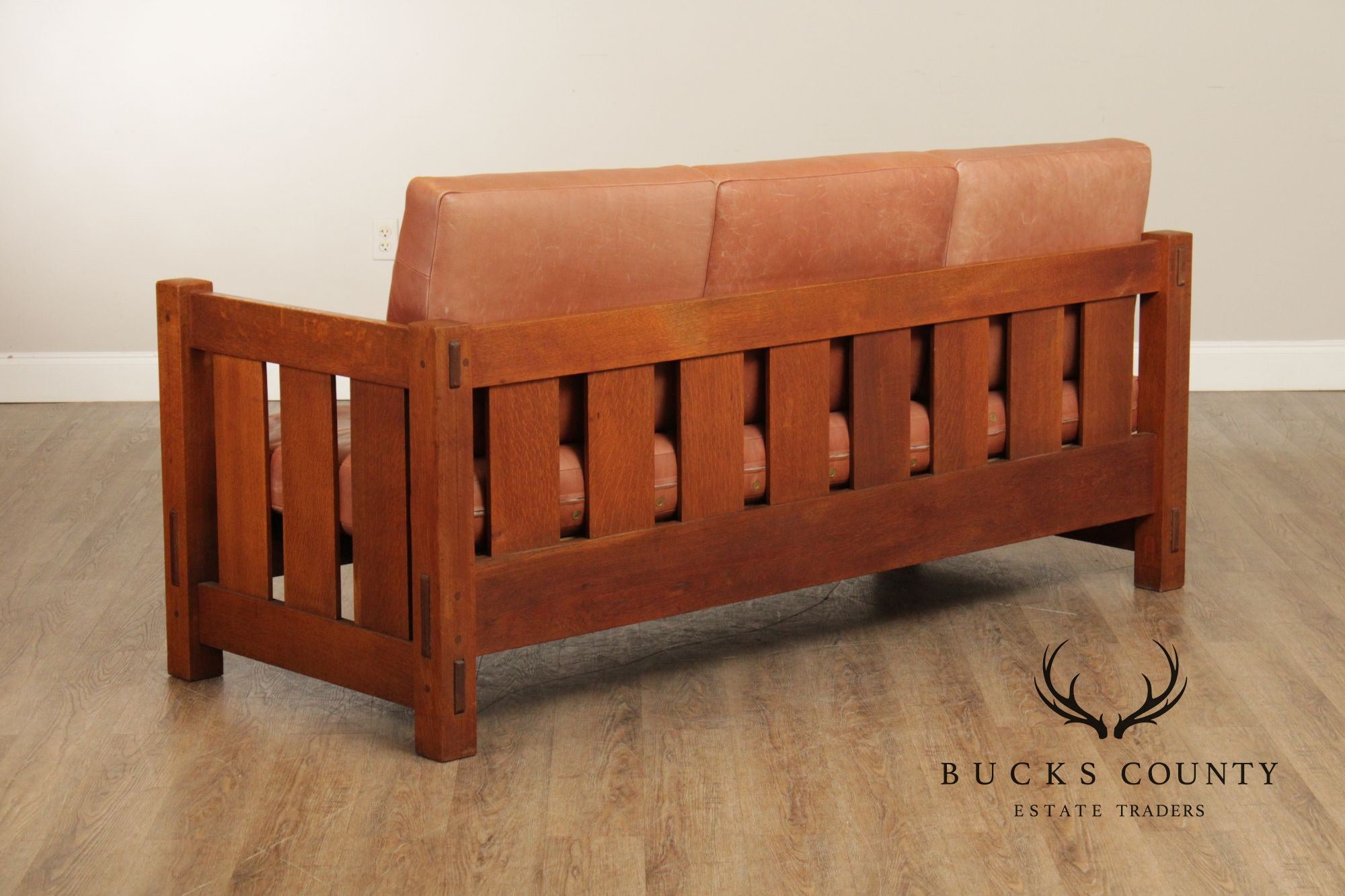 Gustav Stickley Antique Mission Oak and Leather Even-Arm Settle Sofa