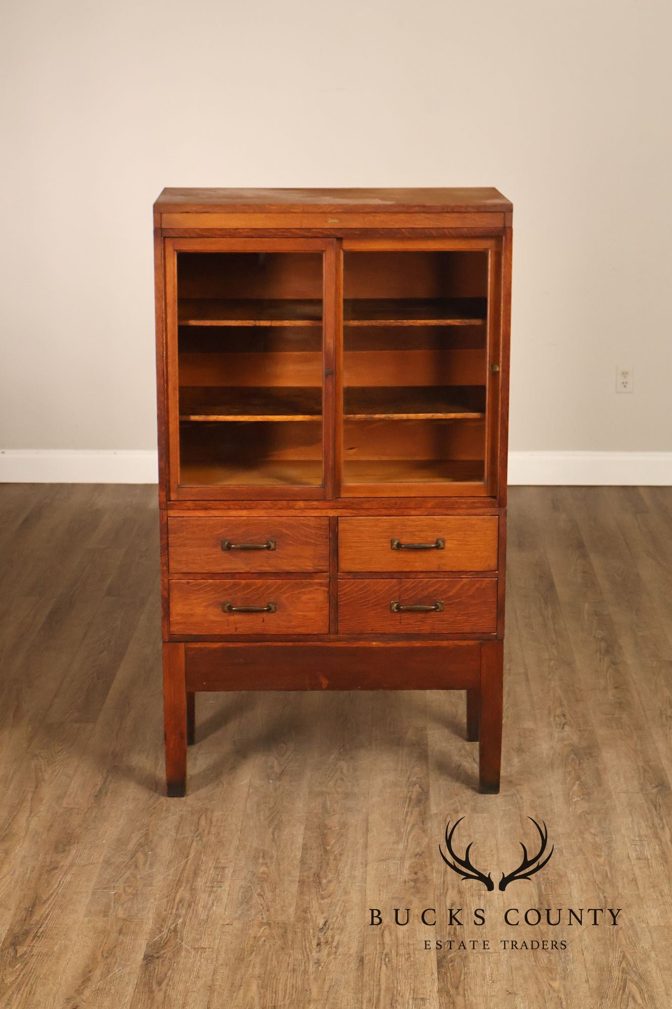 Globe Oak Sectional Bookcase Cabinet With Sliding Glass Doors And Drawers