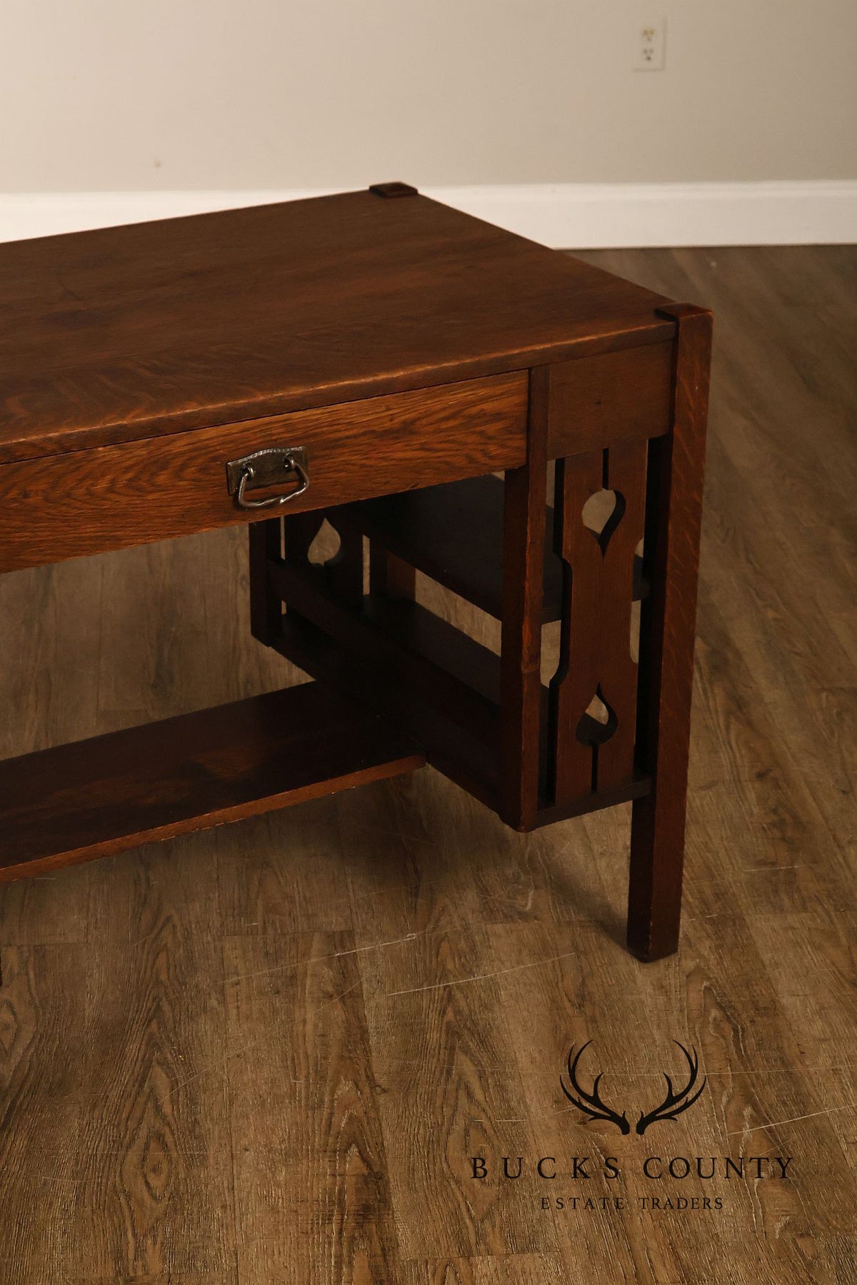 Antique Arts And Crafts Mission Oak Writing Desk With Side Shelves