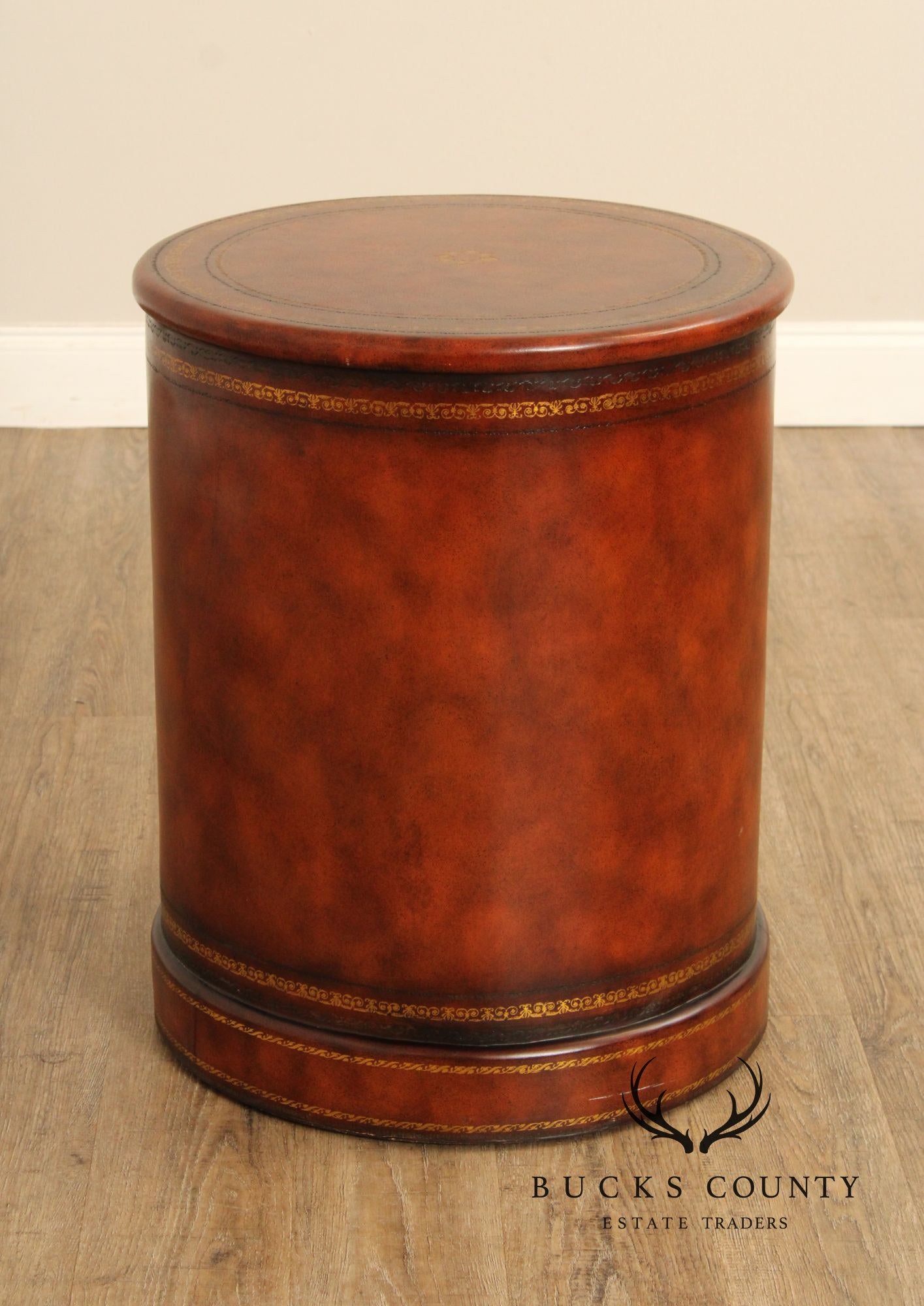Regency Style Leather Wrapped Drum Table