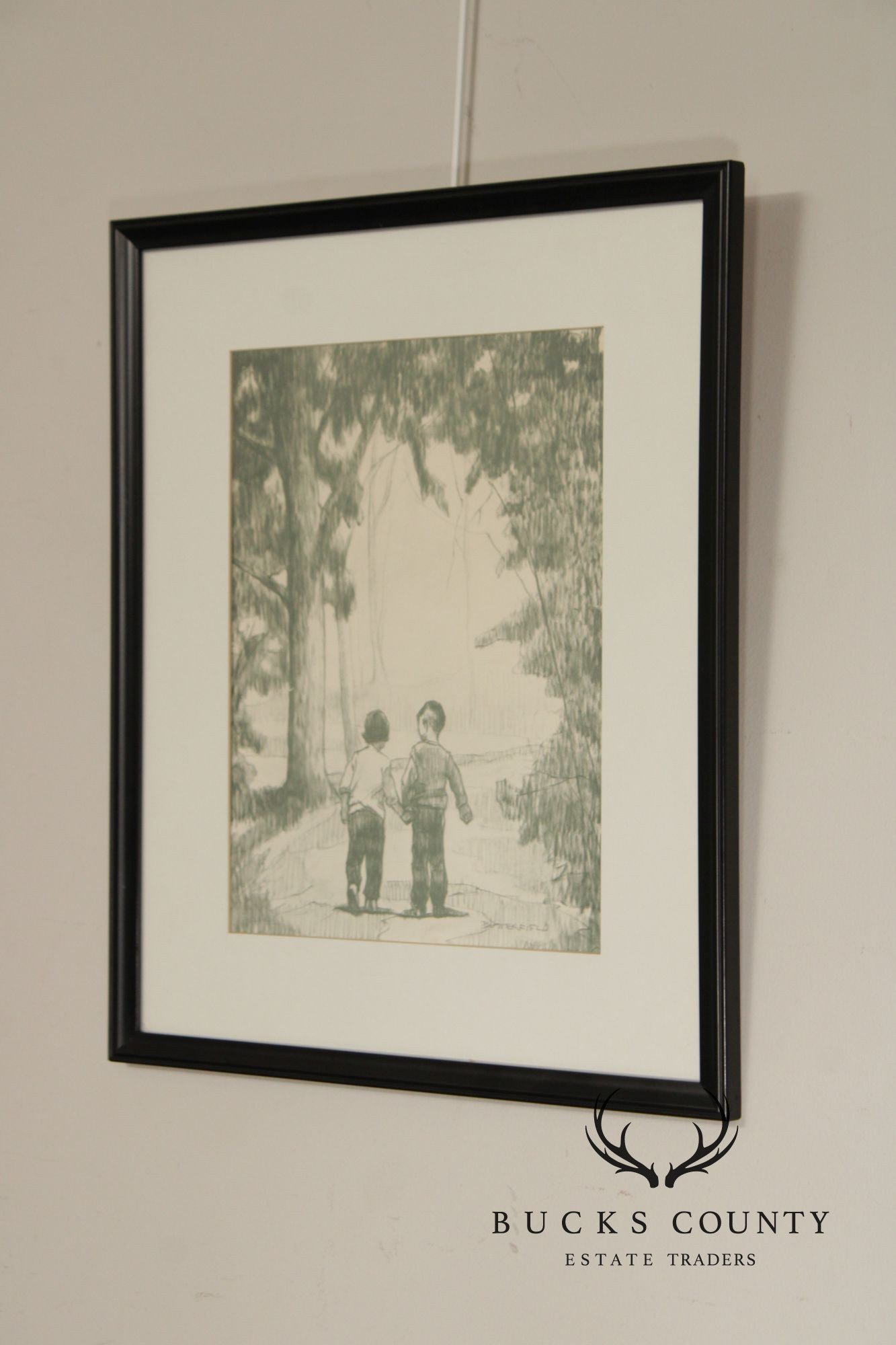 W. Cortland Butterfield Framed Drawing, Children in a Wood