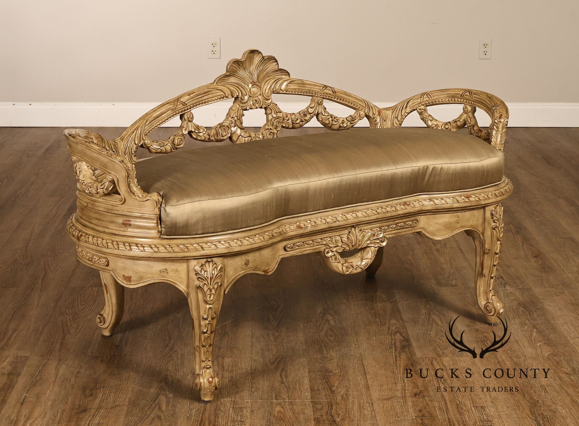 French Louis XV Style Carved Painted Upholstered Bench