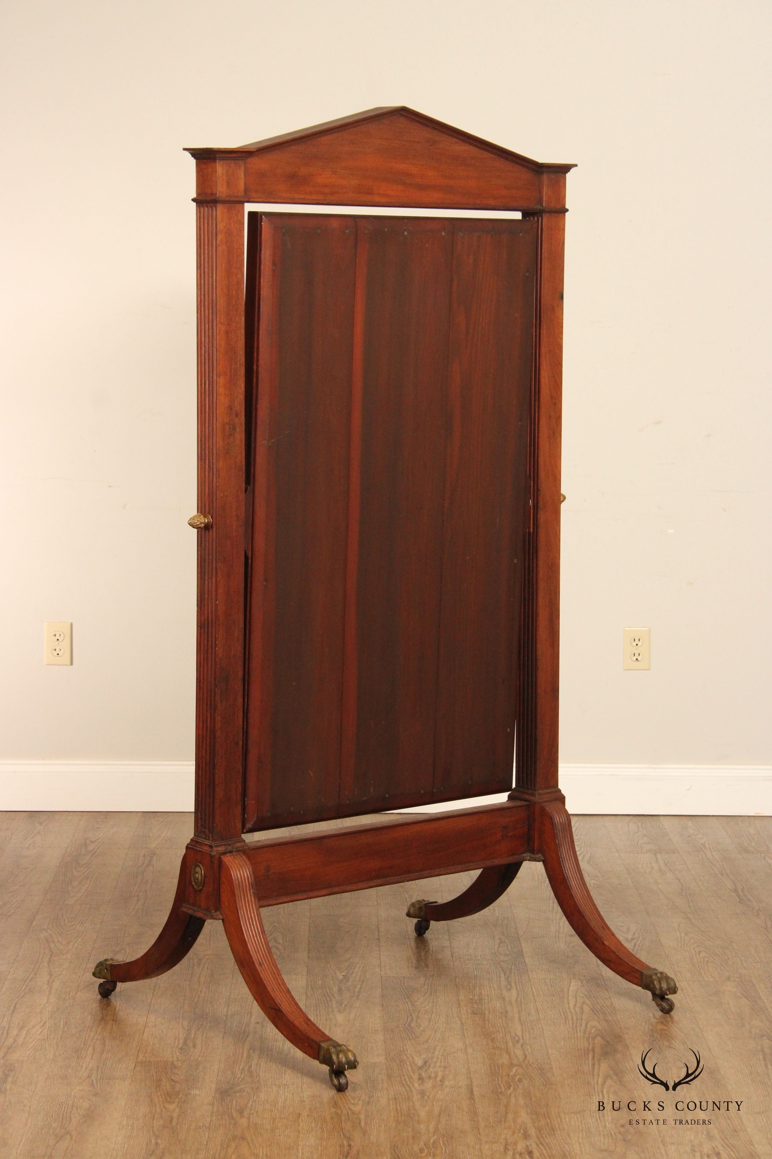 Antique 19th Century Empire Style Mahogany Cheval Mirror On Brass Paw Feet