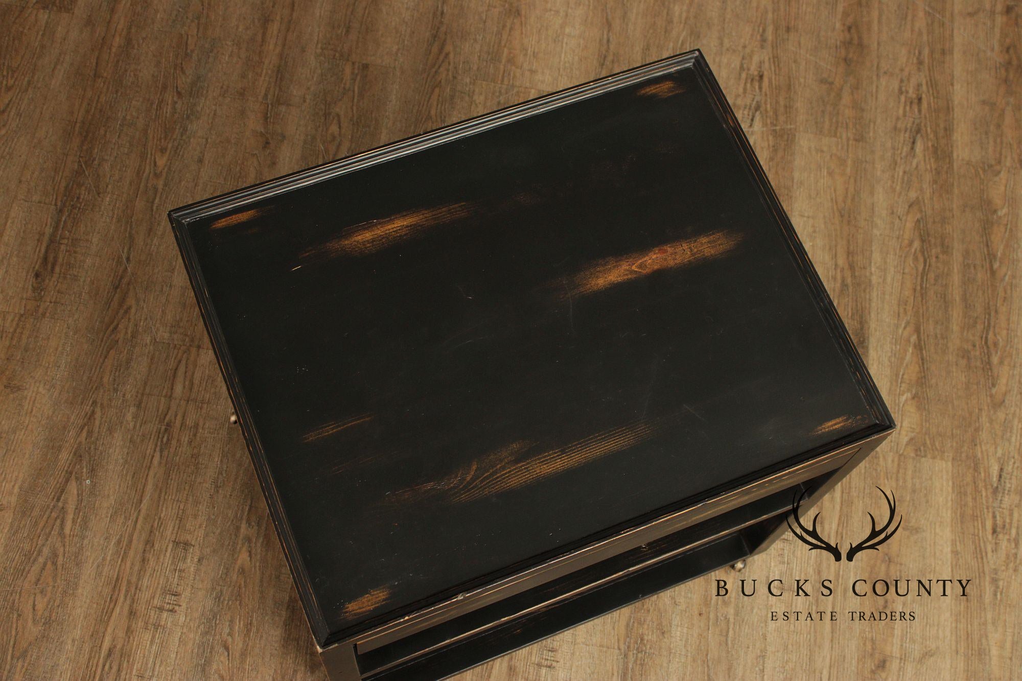 Industrial Style Pair of Ebonized Rolling End Tables