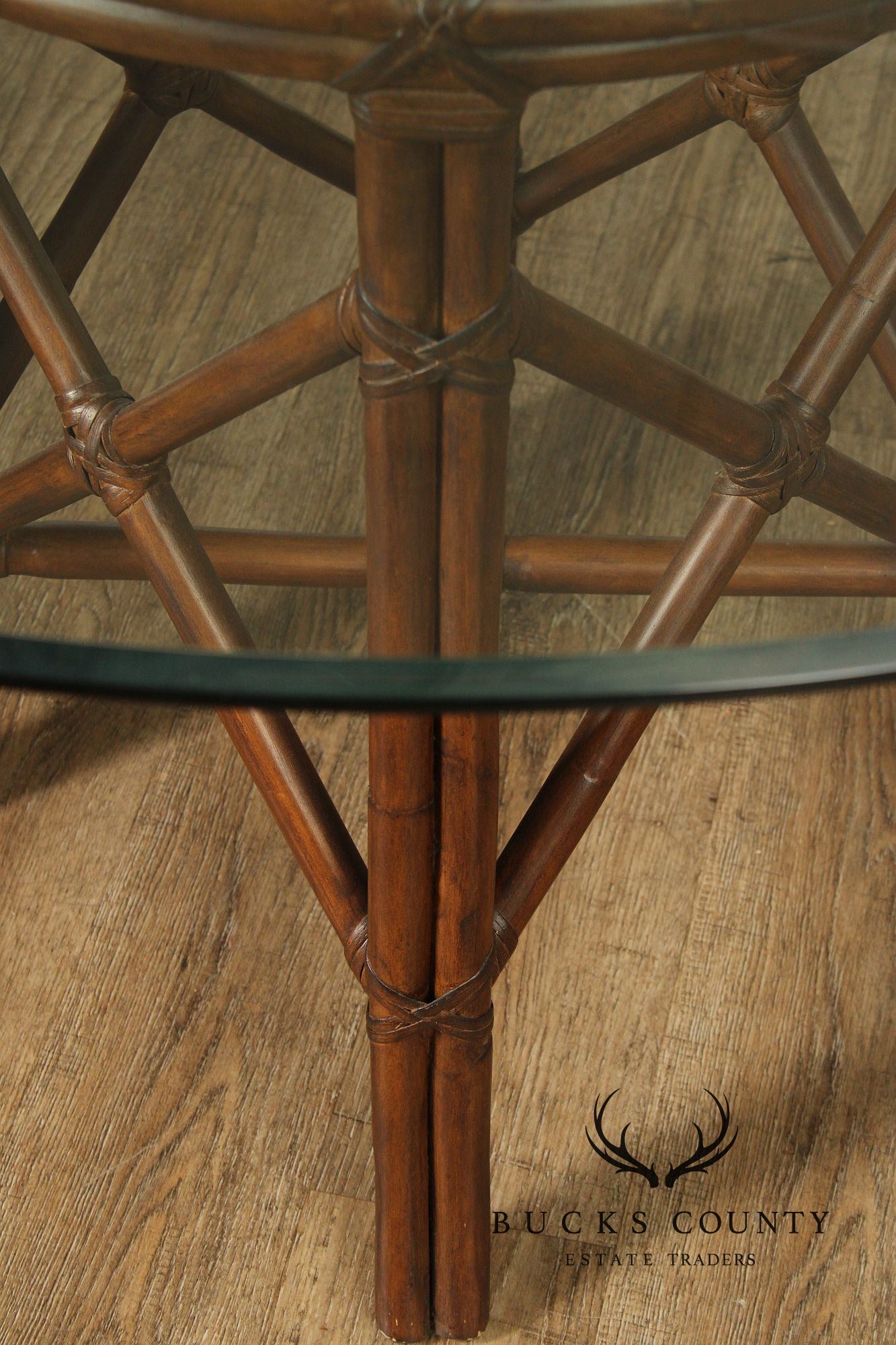 Hollywood Regency Round Glass Top Rattan Dining Table