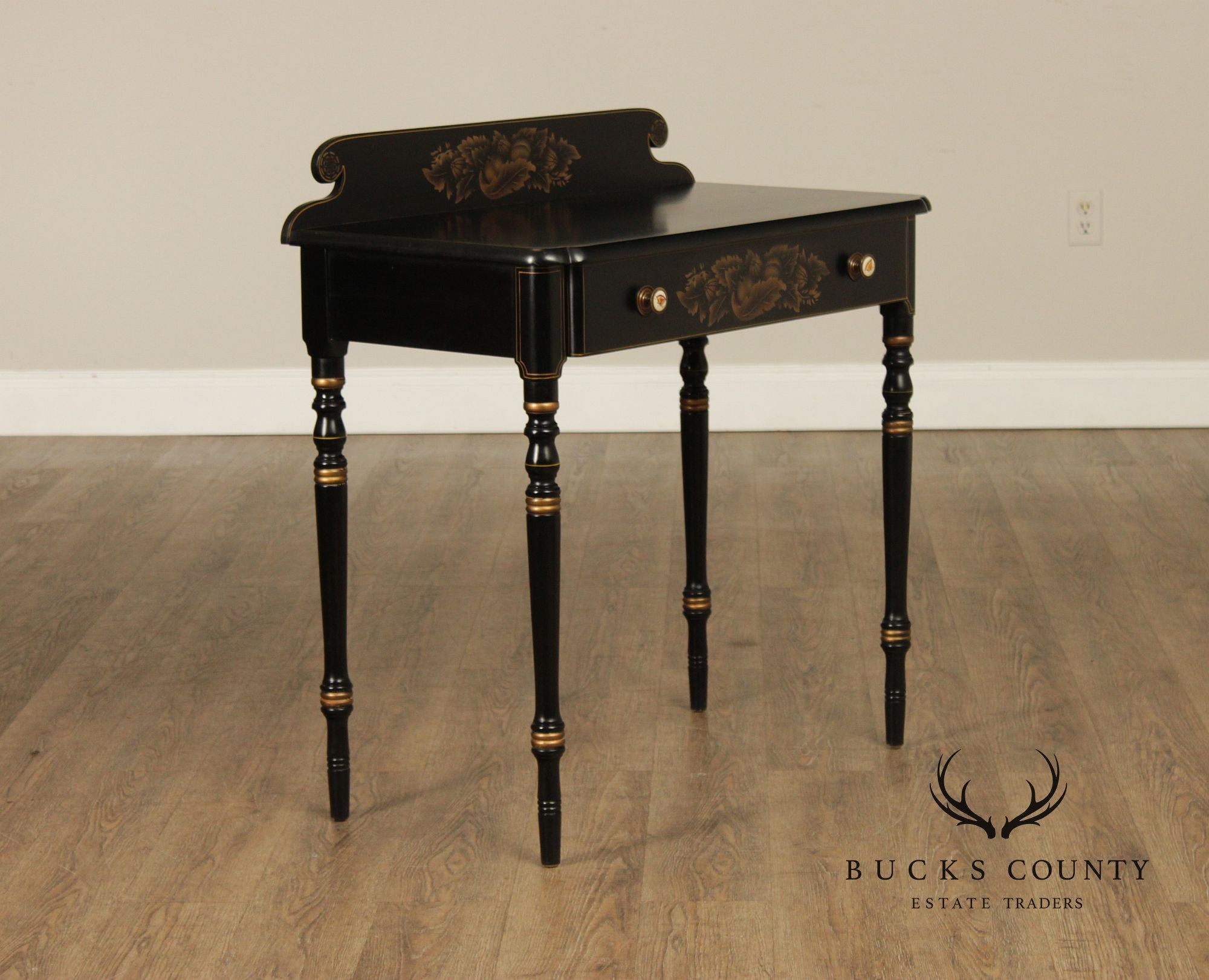 L. Hitchcock Black And Gold Stenciled Vanity Desk And Stool
