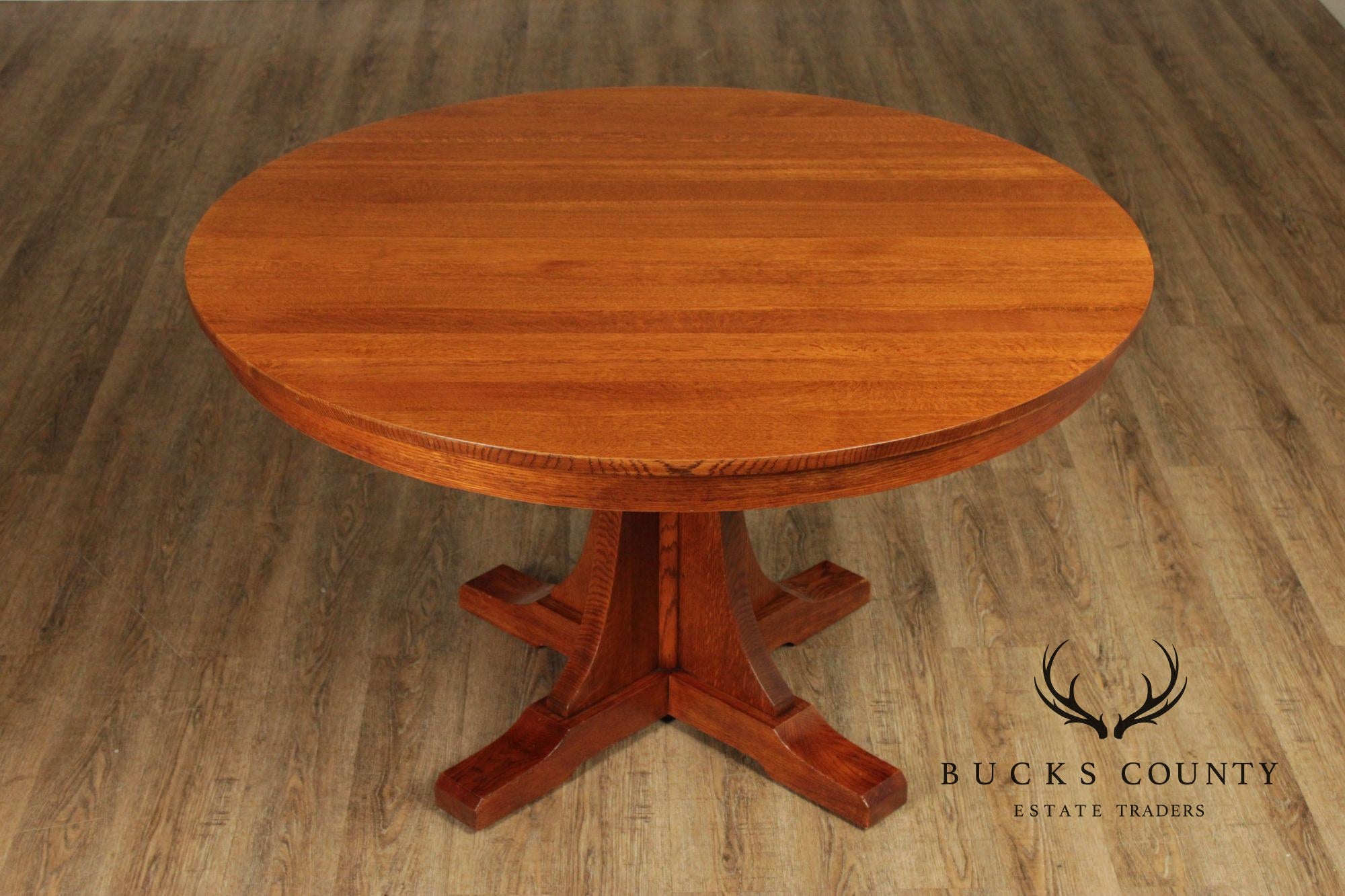 Stickley Mission Collection Round Oak Pedestal Expandable Dining Table