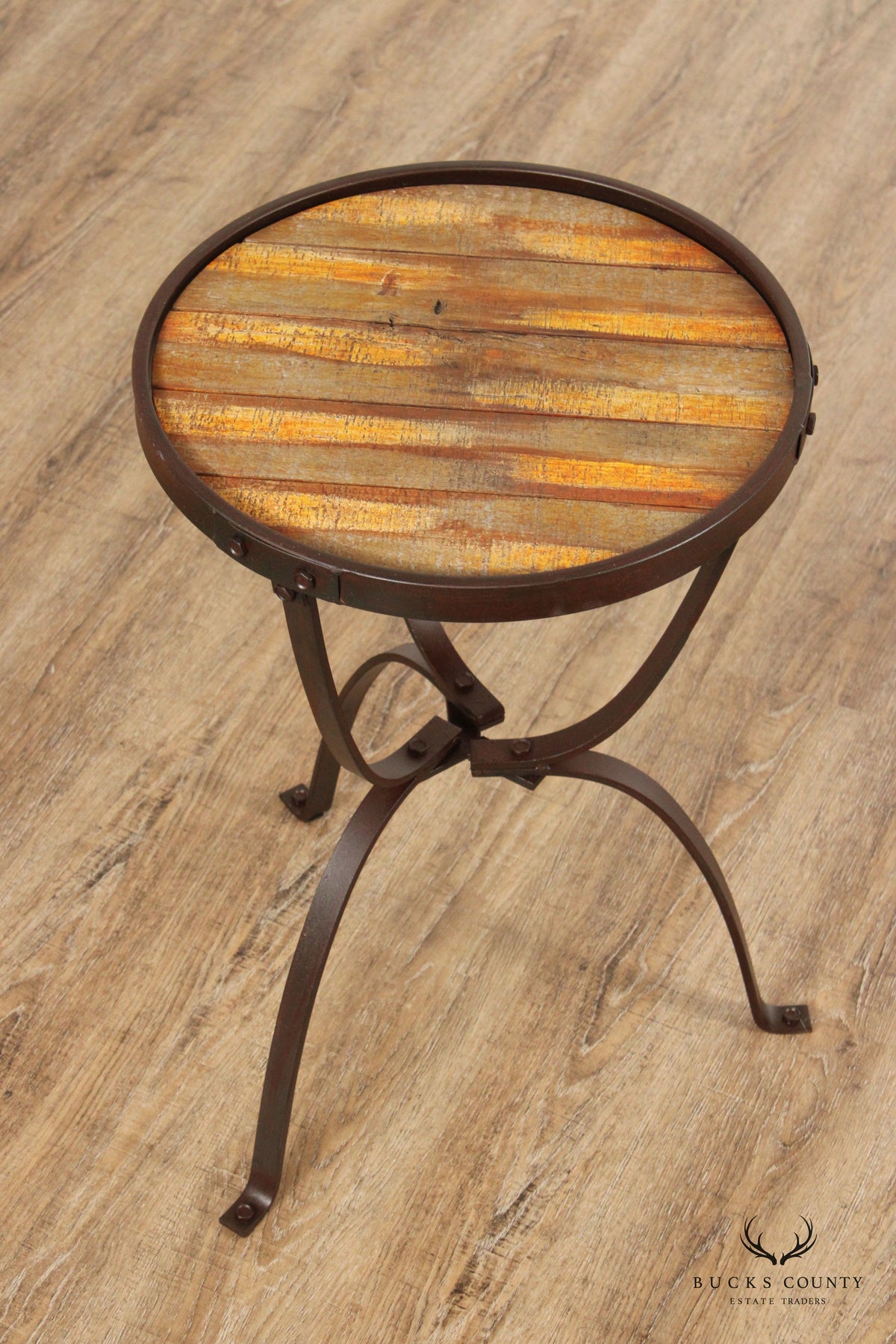 Industrial Style Iron And Round Wood Top Side Table