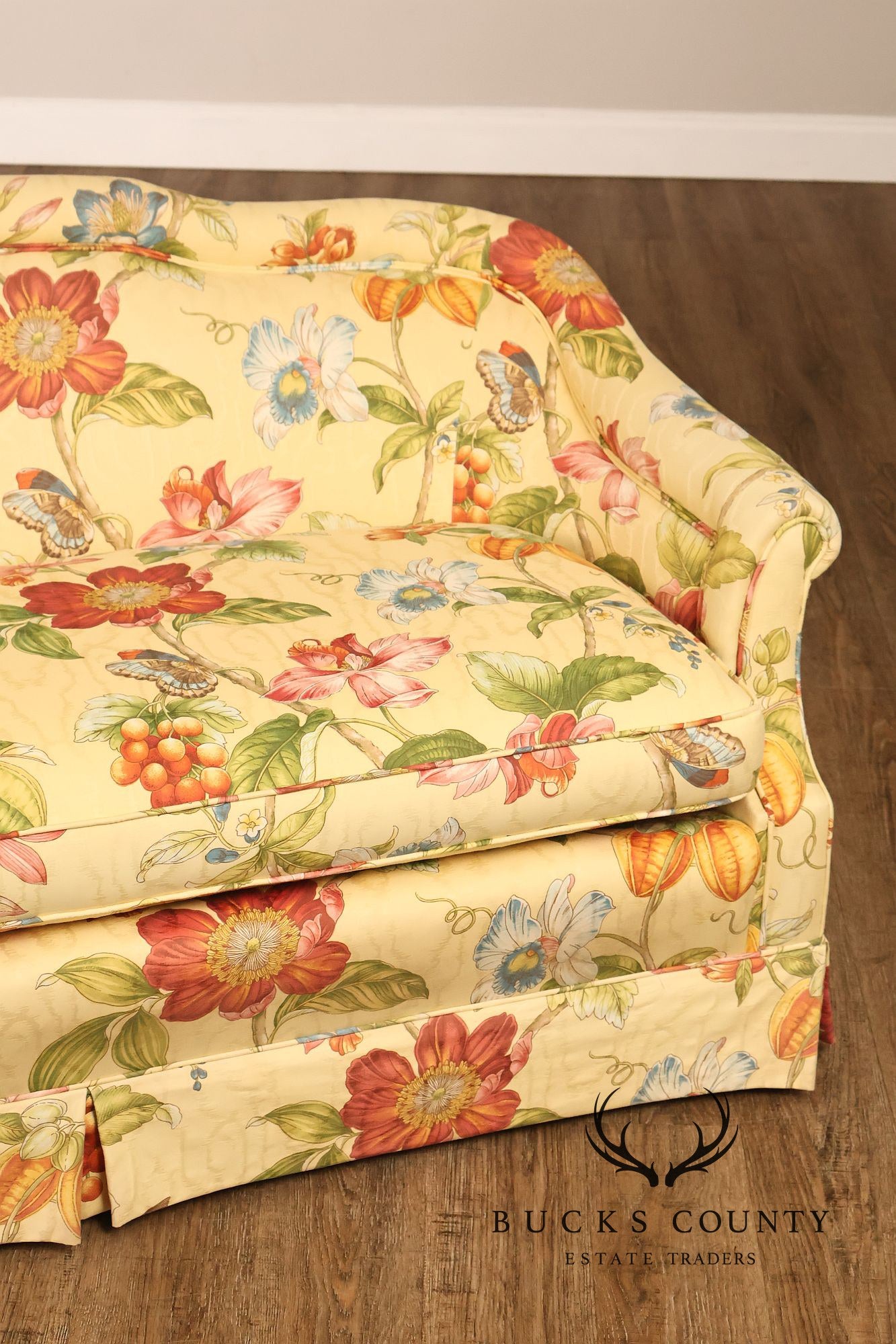 Custom Upholstered Pair Of Floral Chintz Skirted Loveseats