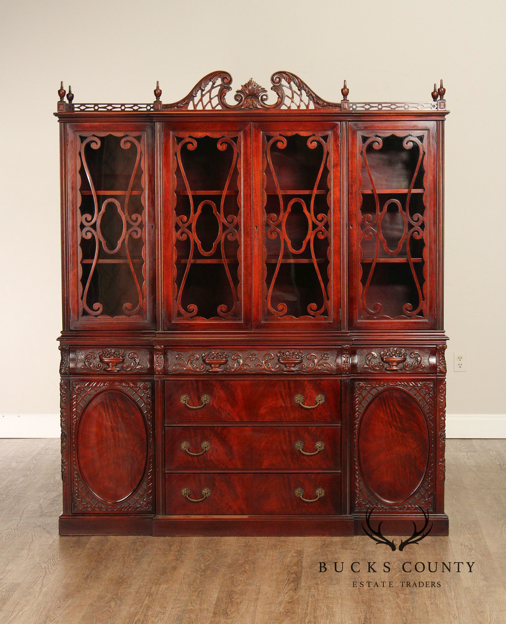 1940's Vintage Carved Mahogany China Cabinet