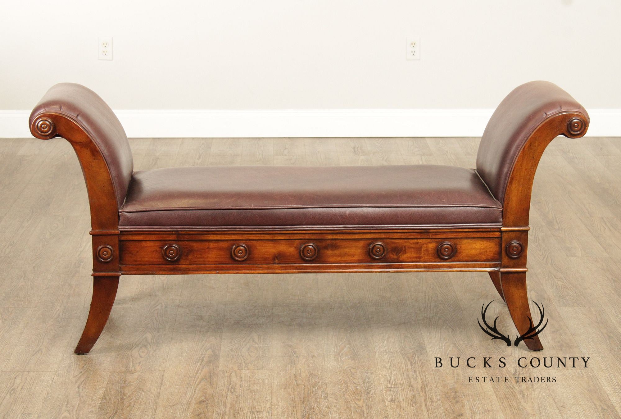 Theodore Alexander Carved Mahogany and Leather Window Bench