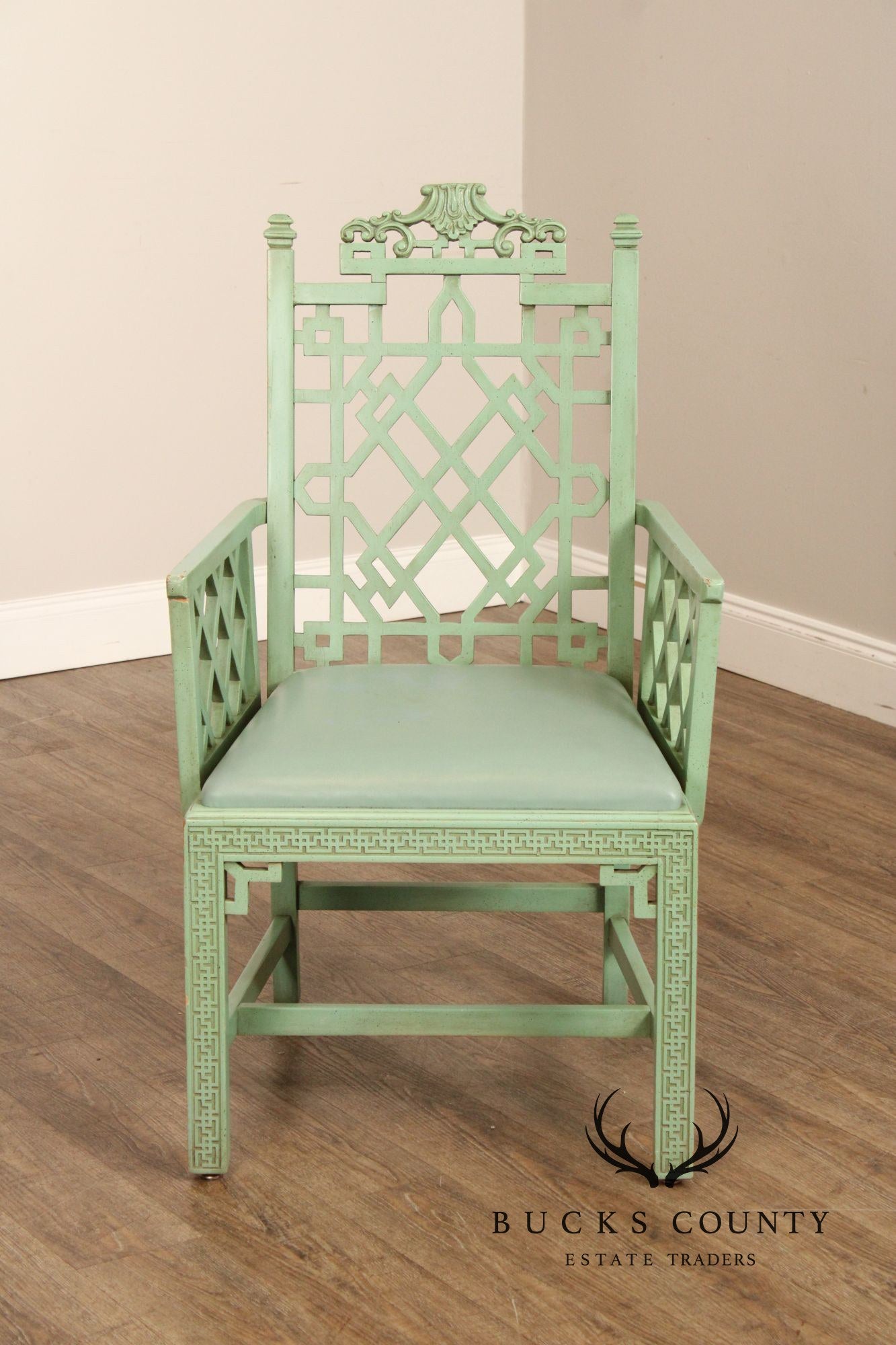 Chinese Chippendale Style Pair Painted Fretwork Armchairs