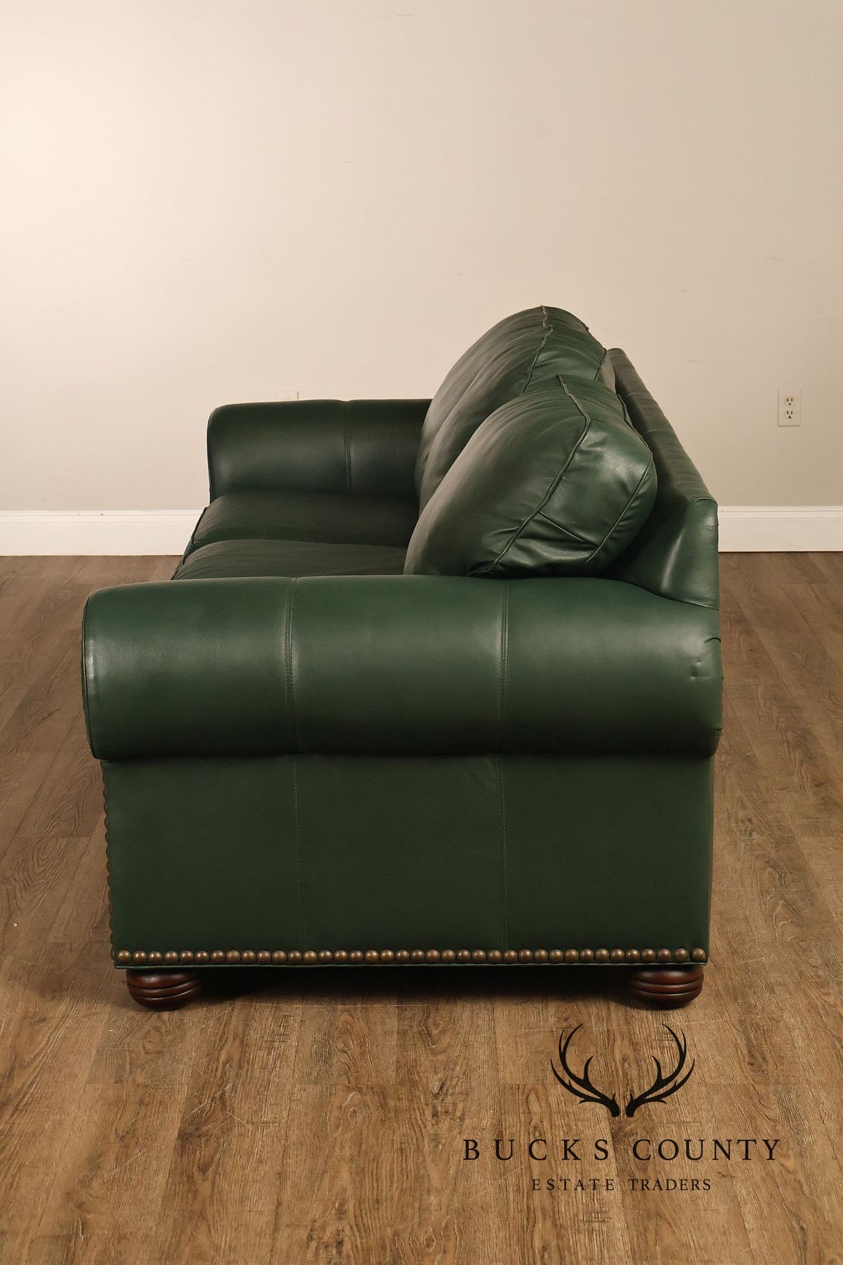 Green Leather Sleeper Sofa with Nailhead Trim