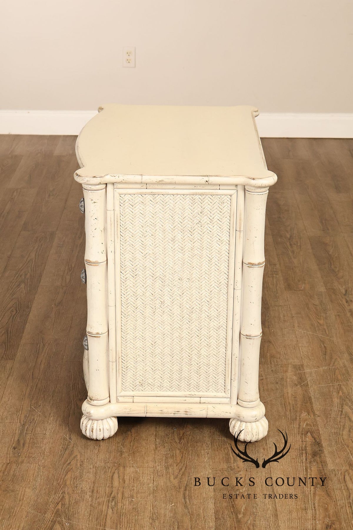 Pair Of Tommy Bahama By Lexington Painted Woven Rattan Three Drawer Nightstands