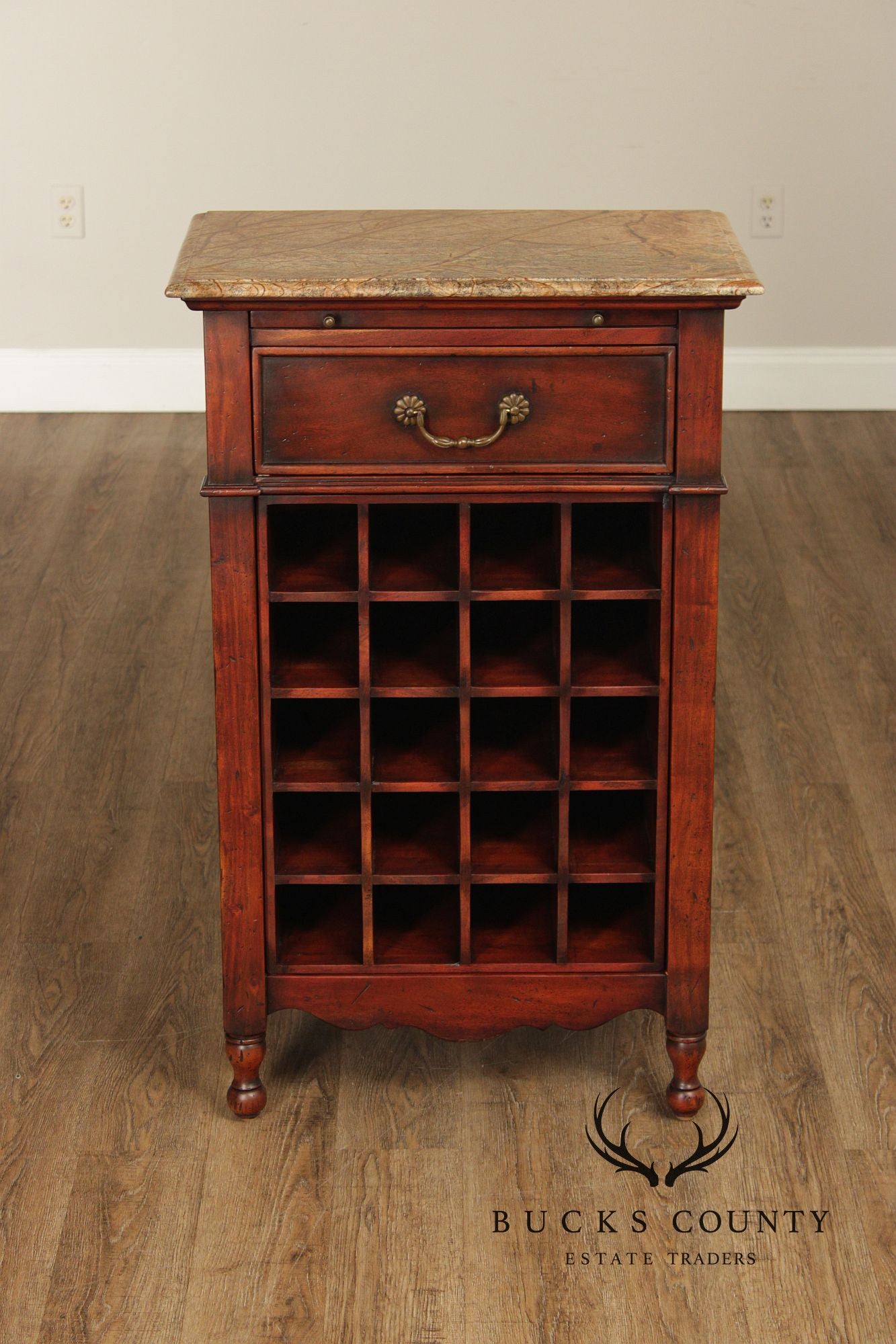 French Country Style Marble Top Wine Rack Cabinet With Drawer, Cherry Finish