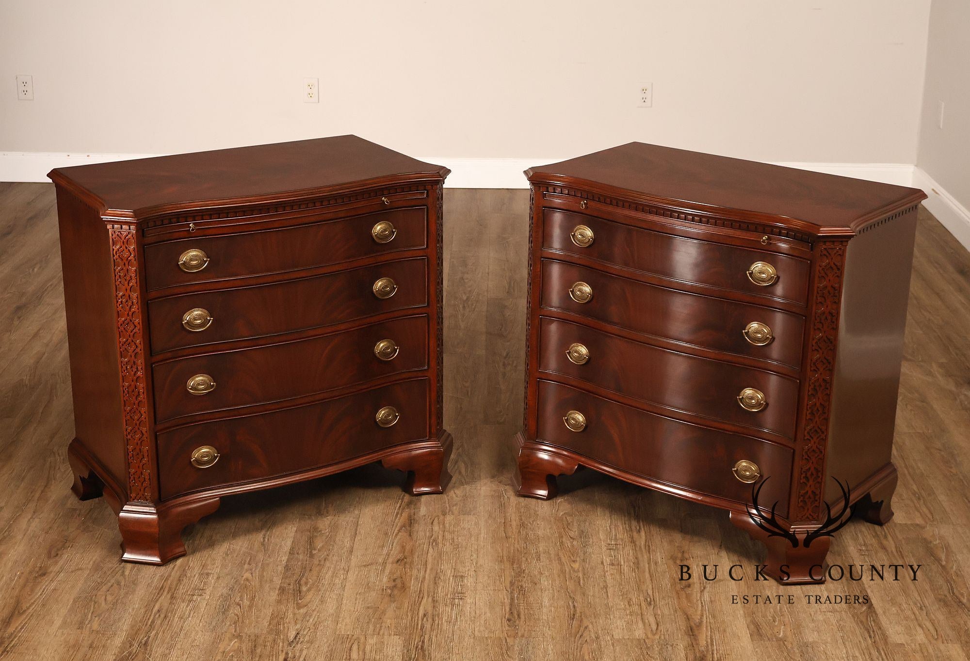 Maitland Smith Georgian Style Mahogany Carved Pair Of Mandolin Bachelors Chests