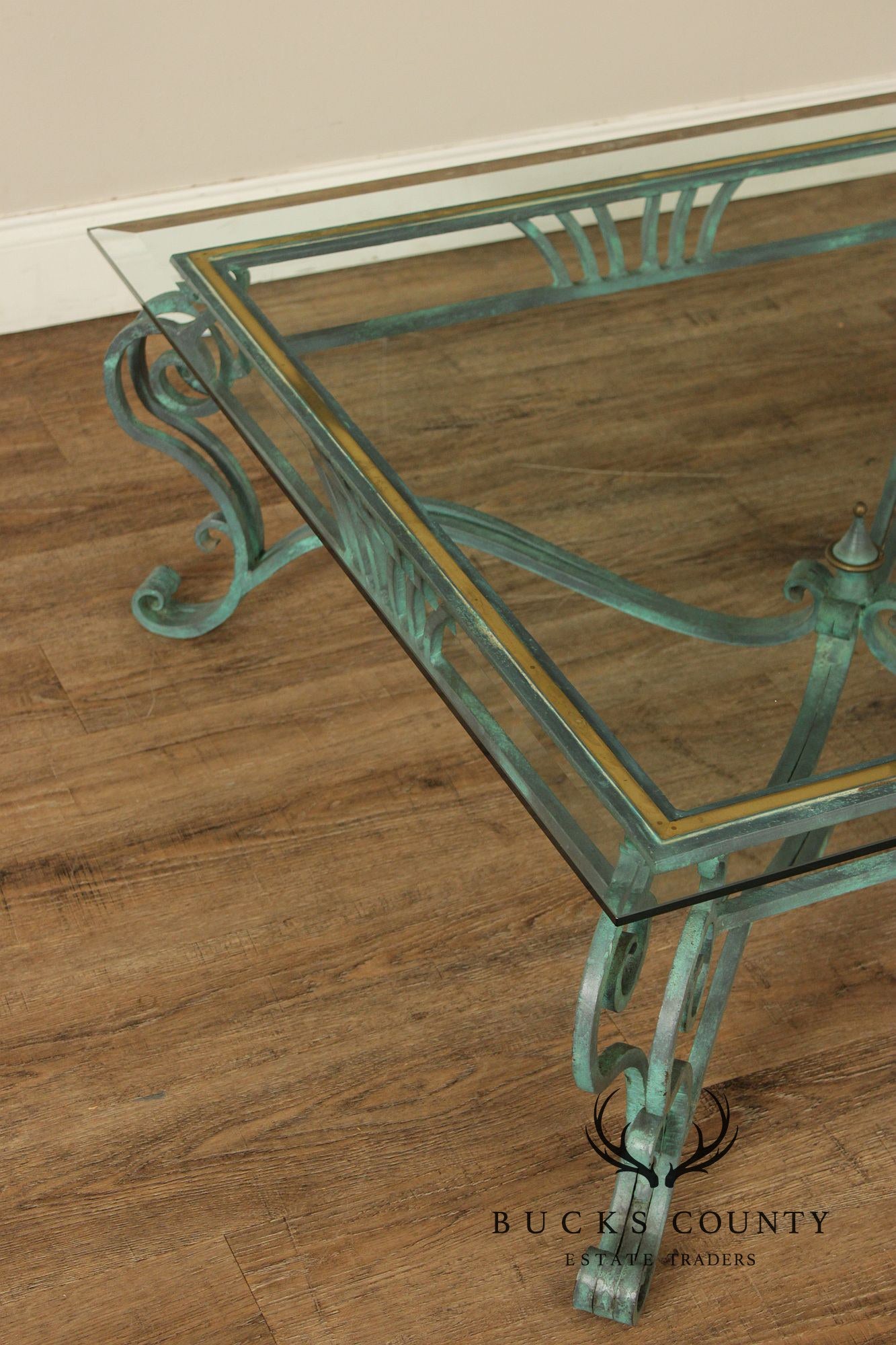 Baroque Style Glass Top Wrought Iron Coffee Table