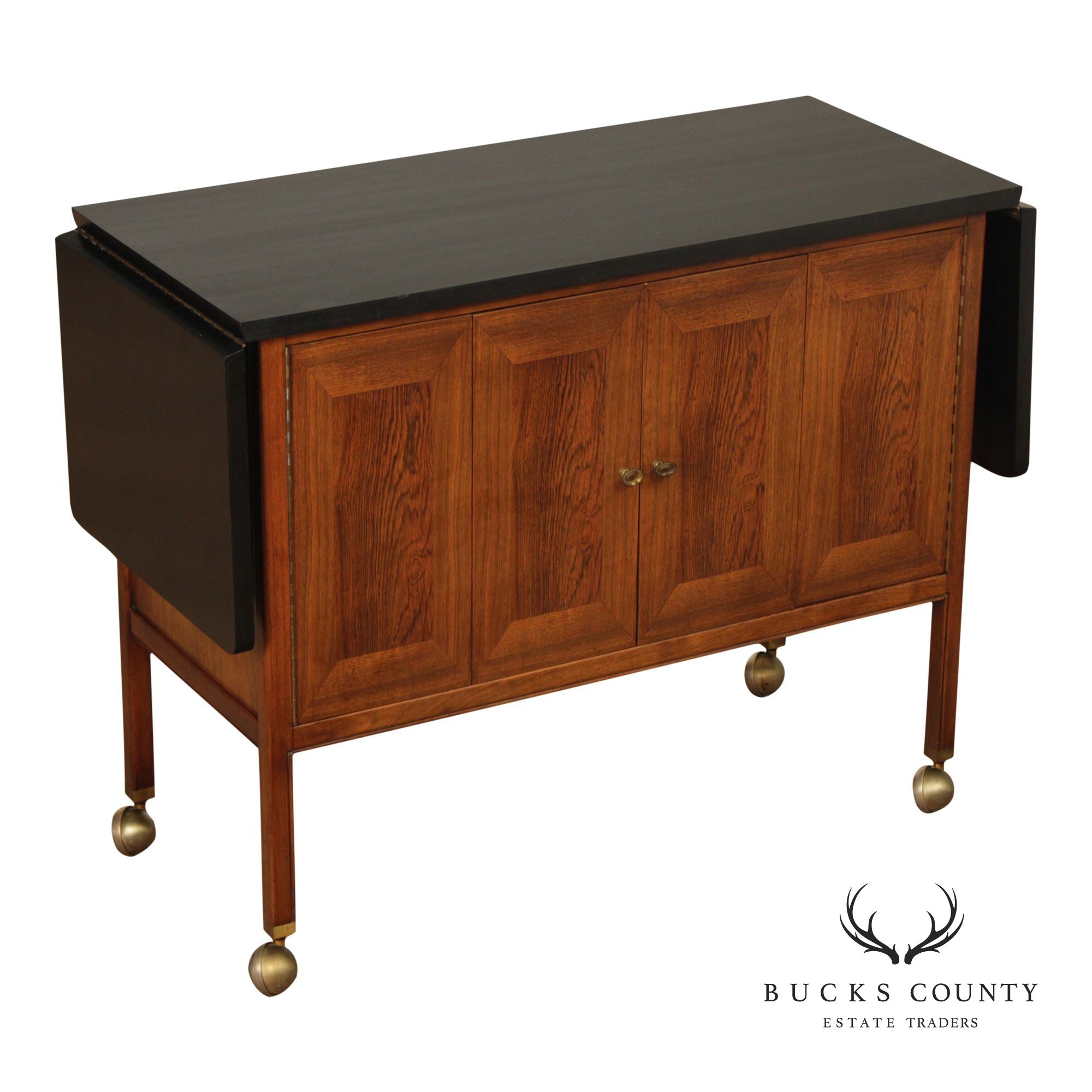 American Of Martinsville Mid Century Walnut And Rosewood Drop Leaf Bar Cart