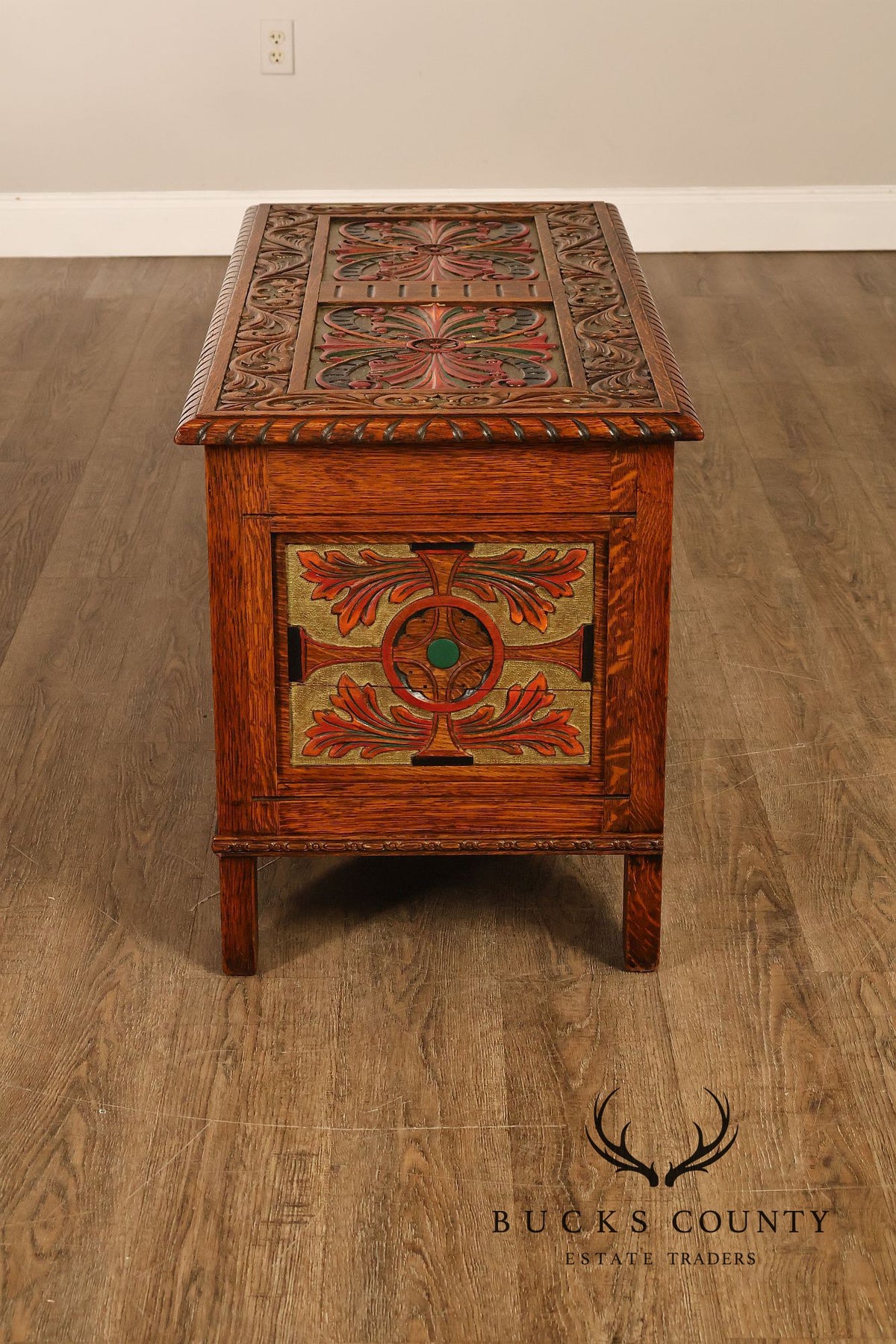 Berkey & Gay Carved And Painted Oak Spanish Revival Storage Chest