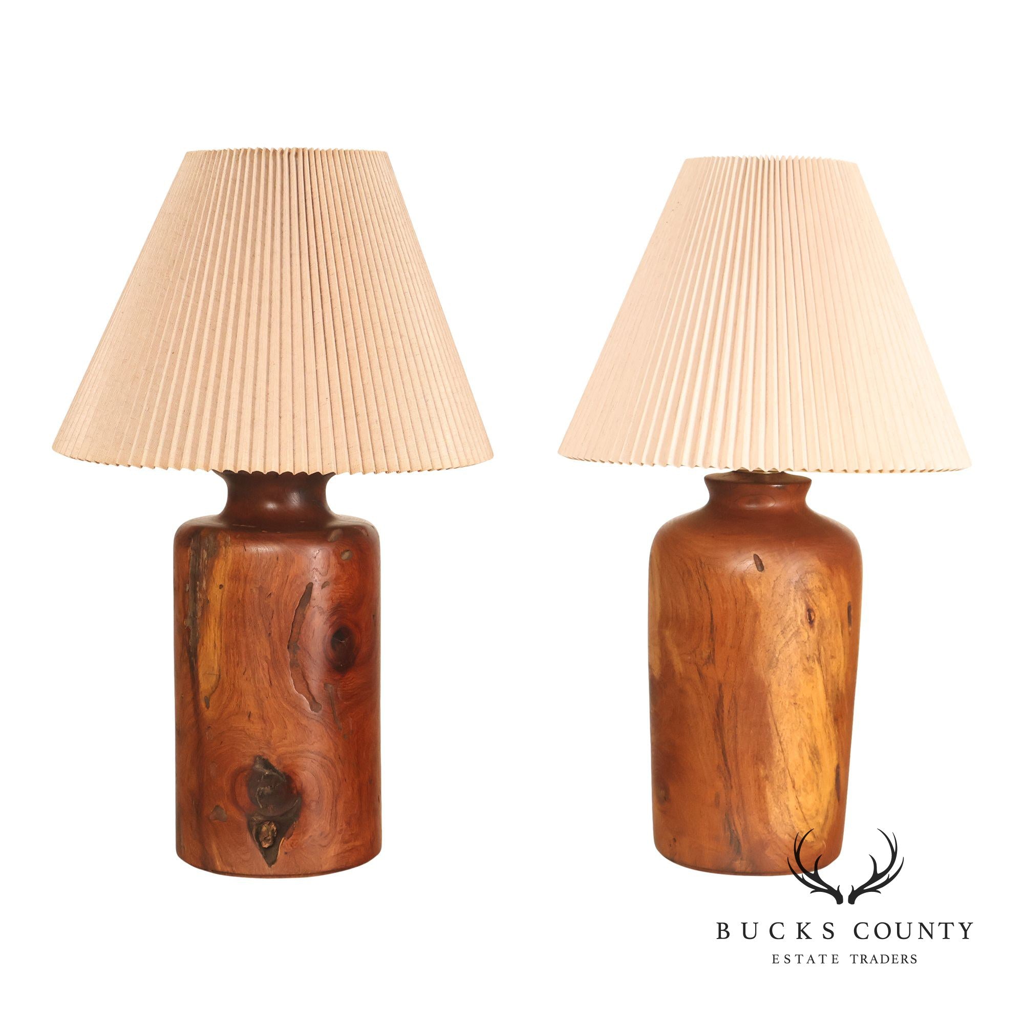 Organic Modern Mid Century Modern Pair of Turned Wood Table Lamps