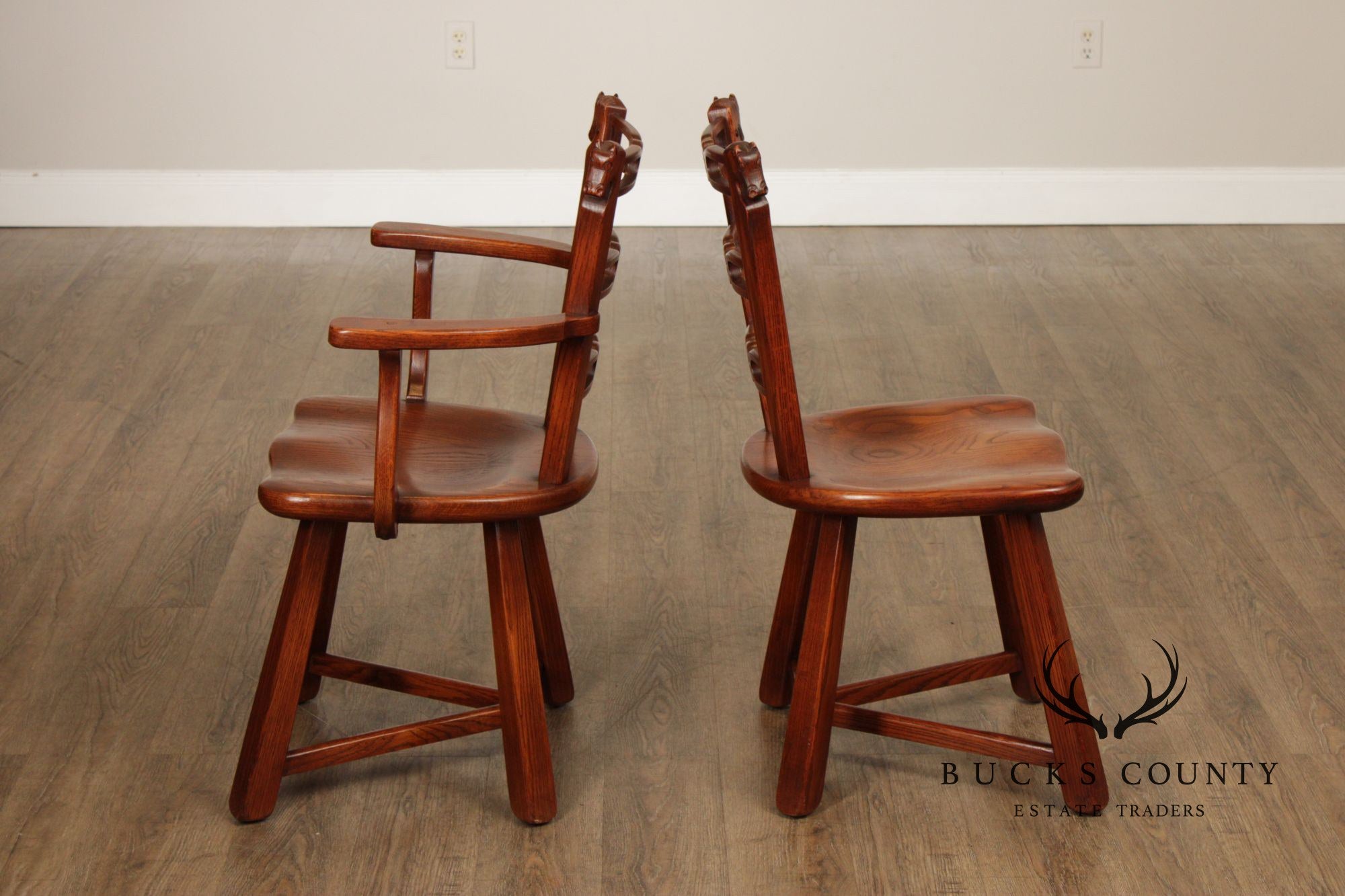 Romweber Set of Six Horse Carved Oak Dining Chairs