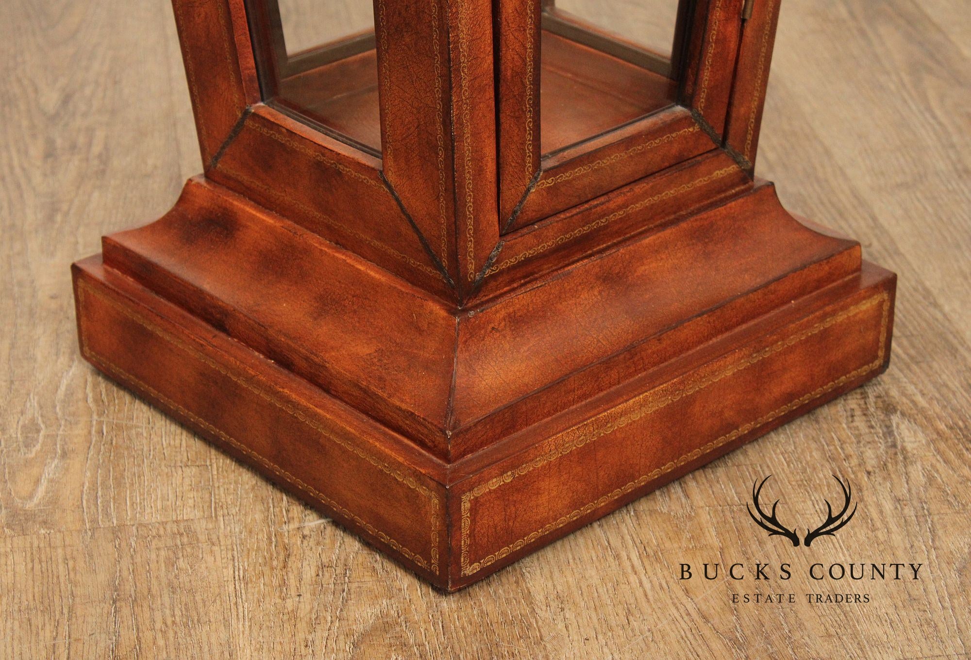 Maitland Smith Leather Wrapped Pedestal Display Cabinet