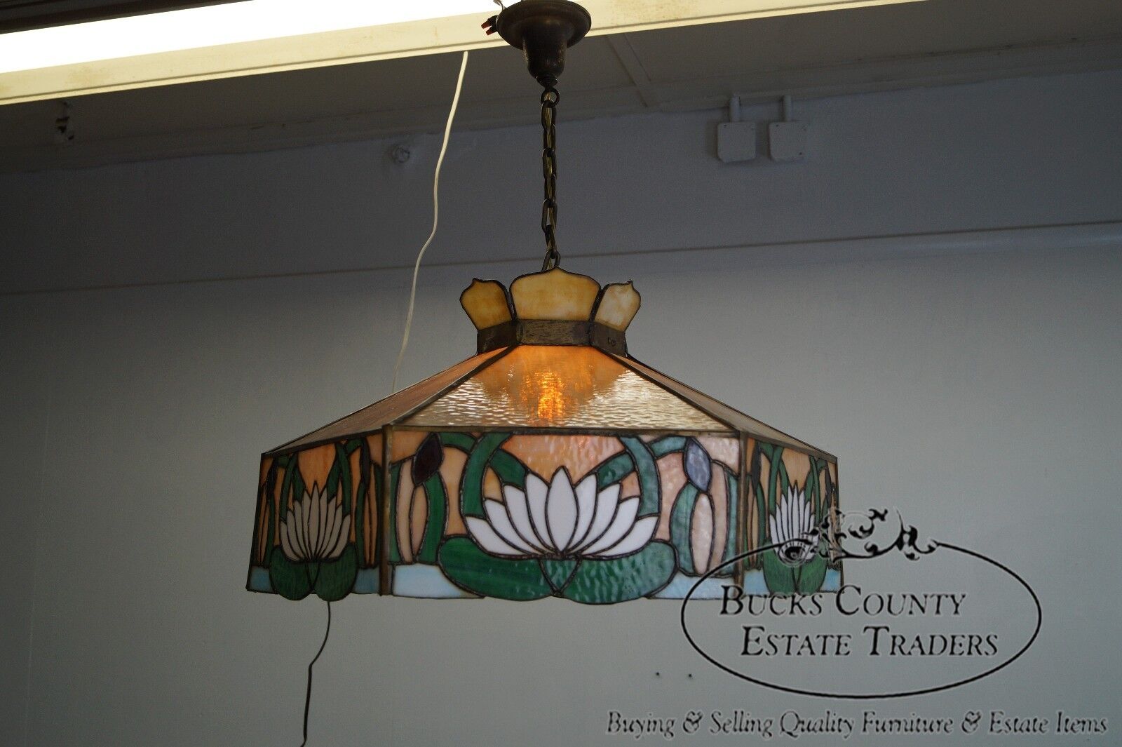 Antique Arts & Crafts Stained Glass Hanging Chandelier Light Fixture