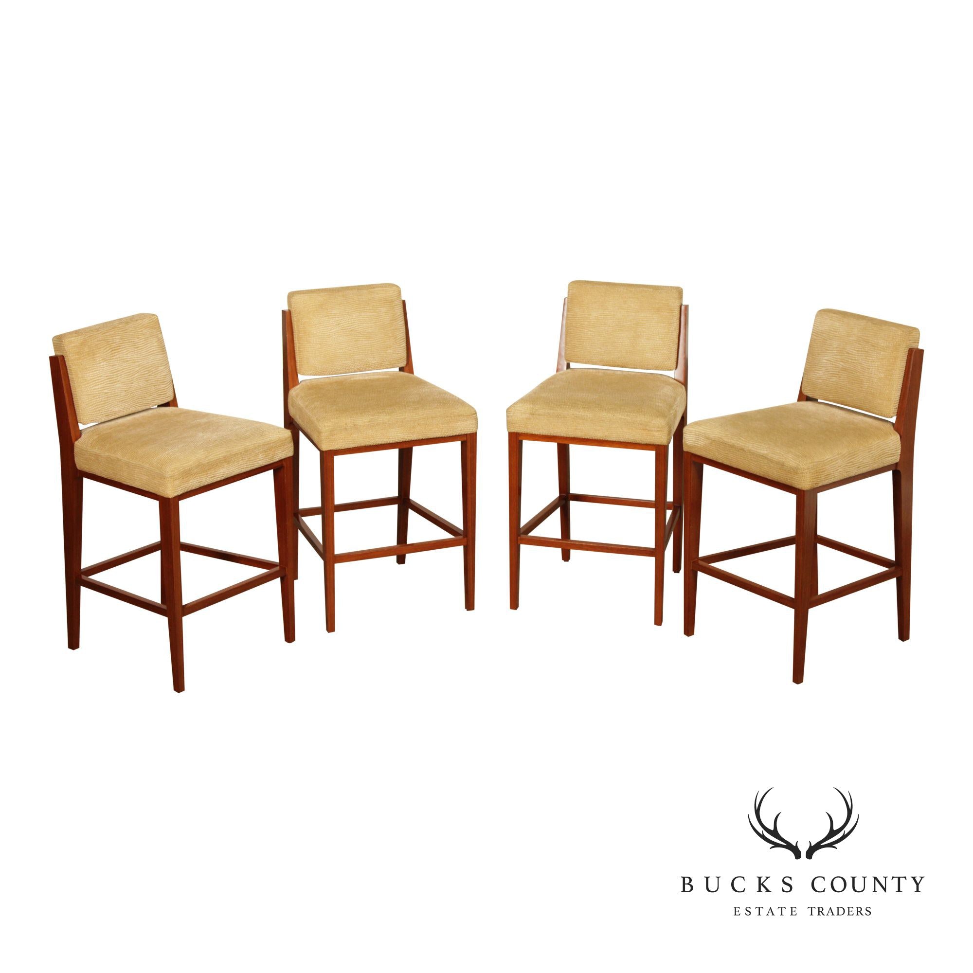 Mid Century Modern Style Set of Four Walnut Upholstered Counter Stools