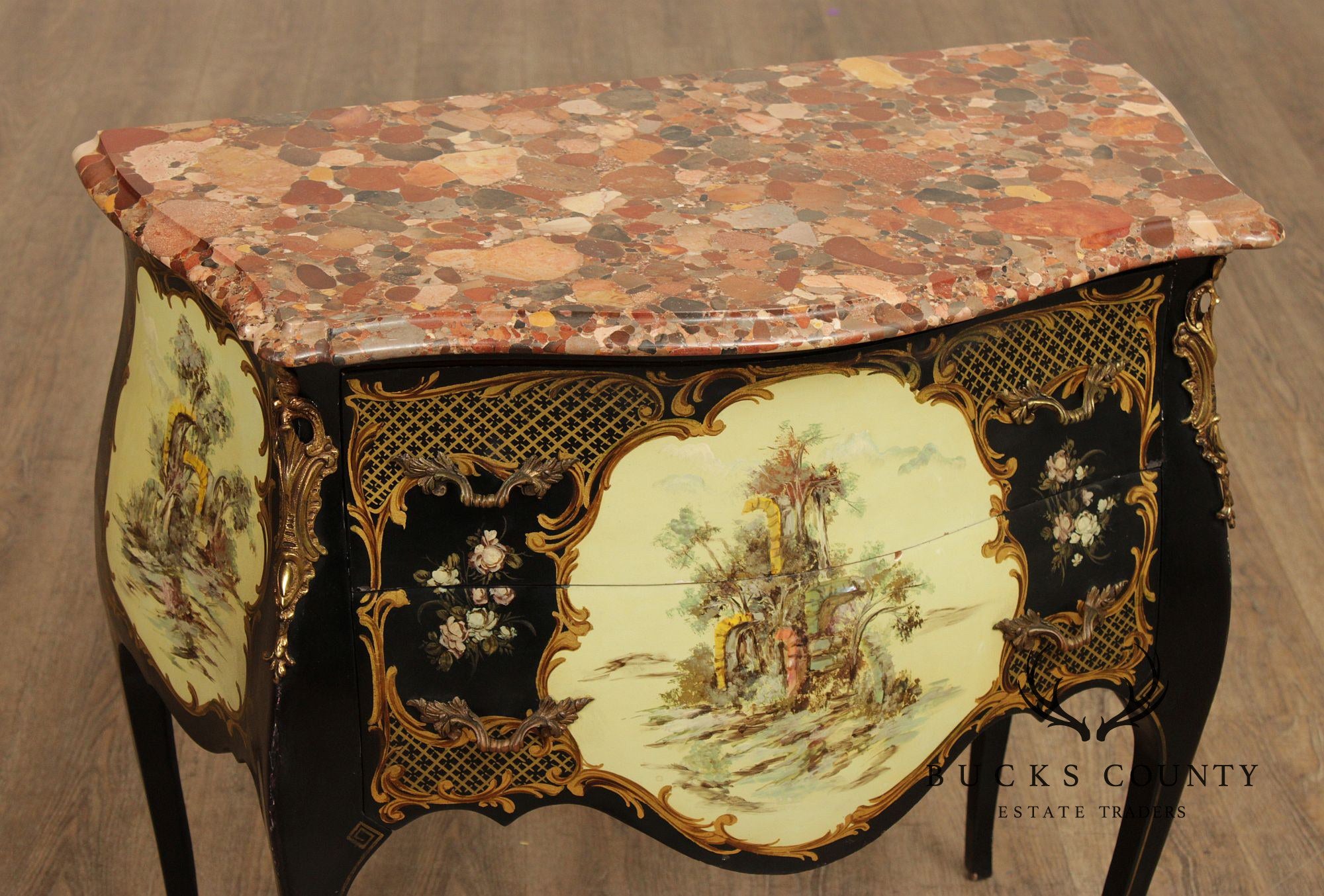 Louis XV Style Hand Painted Marble Top Bombe Commode