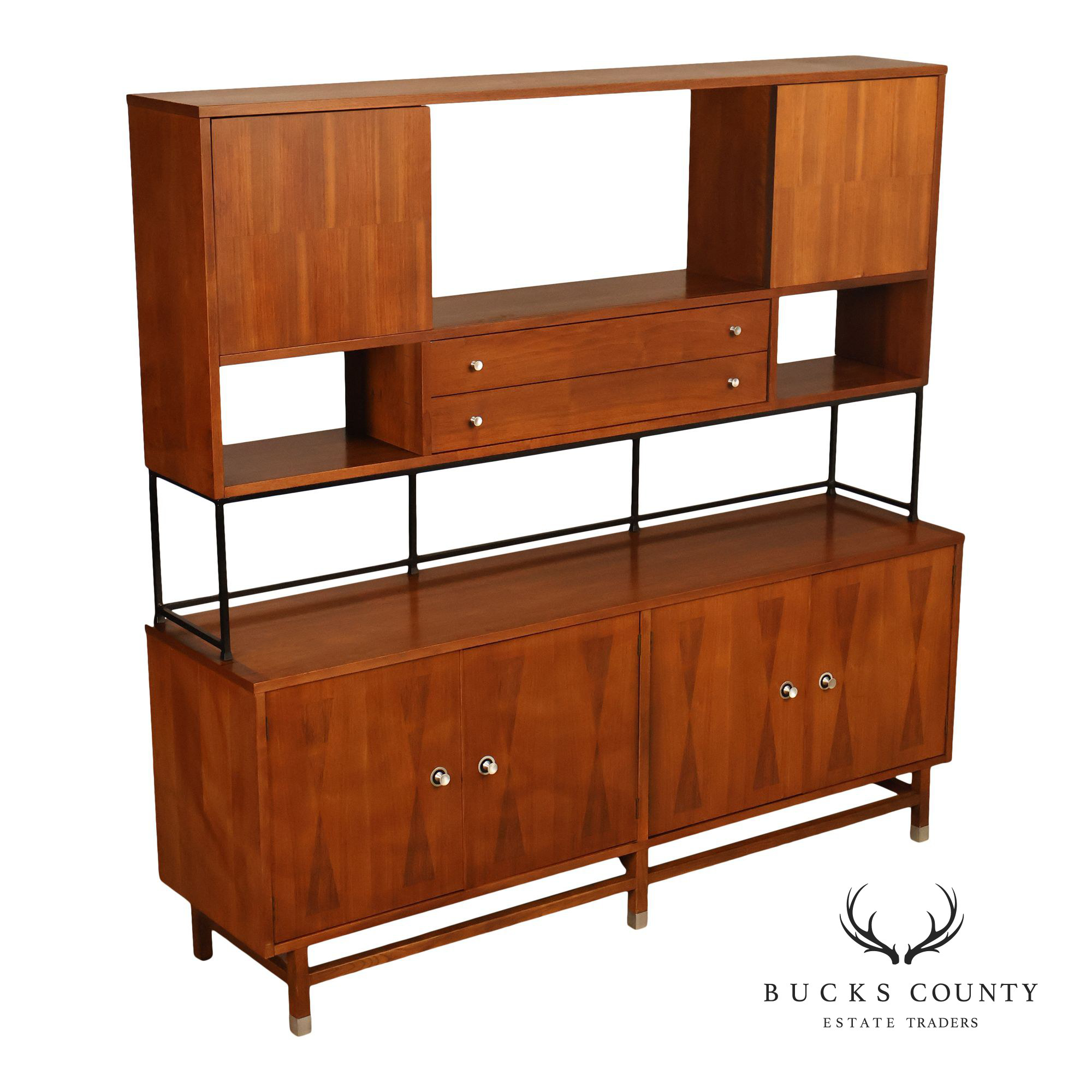 Stanley Mid Century Modern Walnut & Rosewood Inlaid Wall Unit Credenza