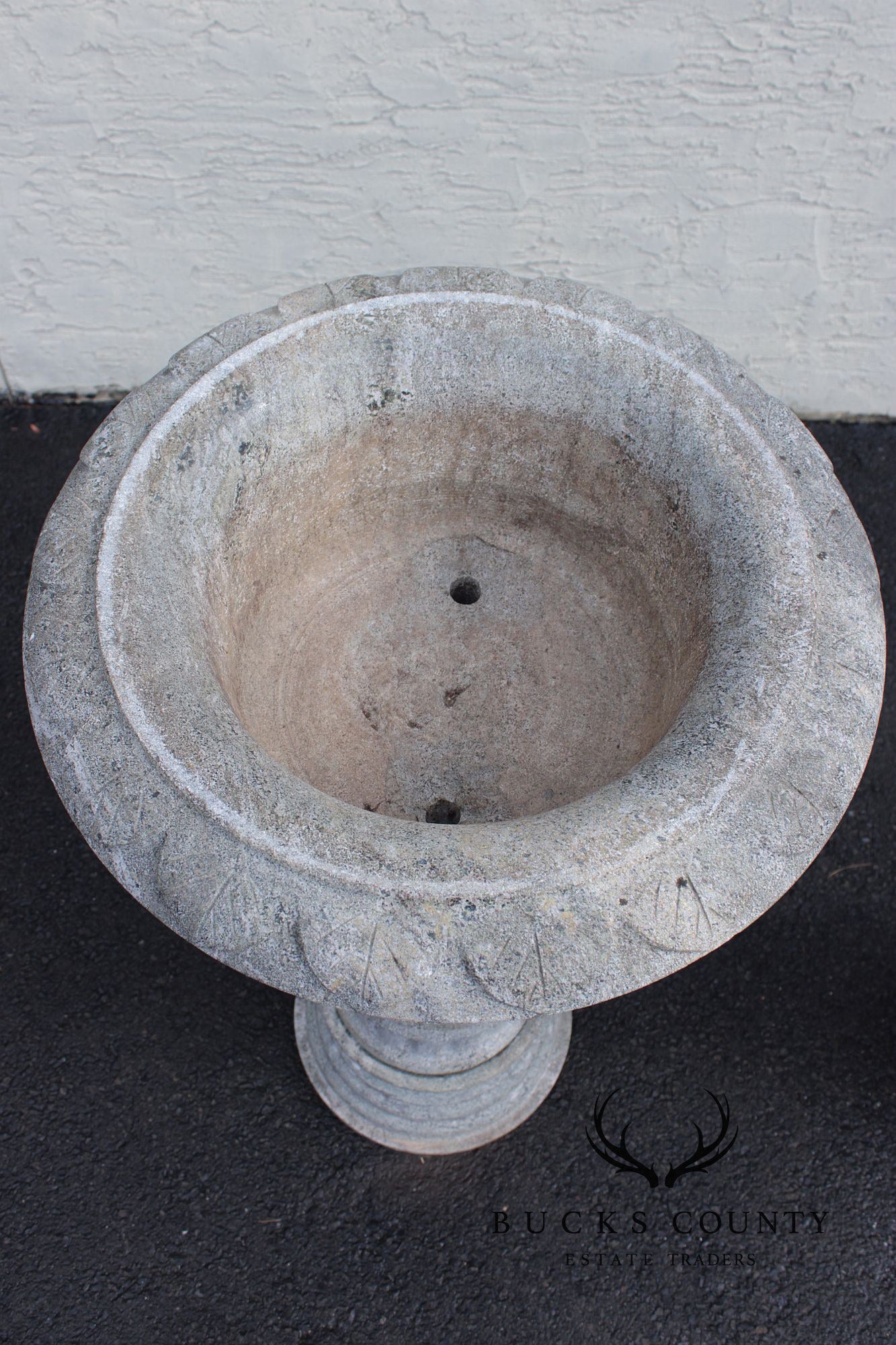 Vintage Pair Of Carved Granite Three-Piece Garden Urns On Pedestals