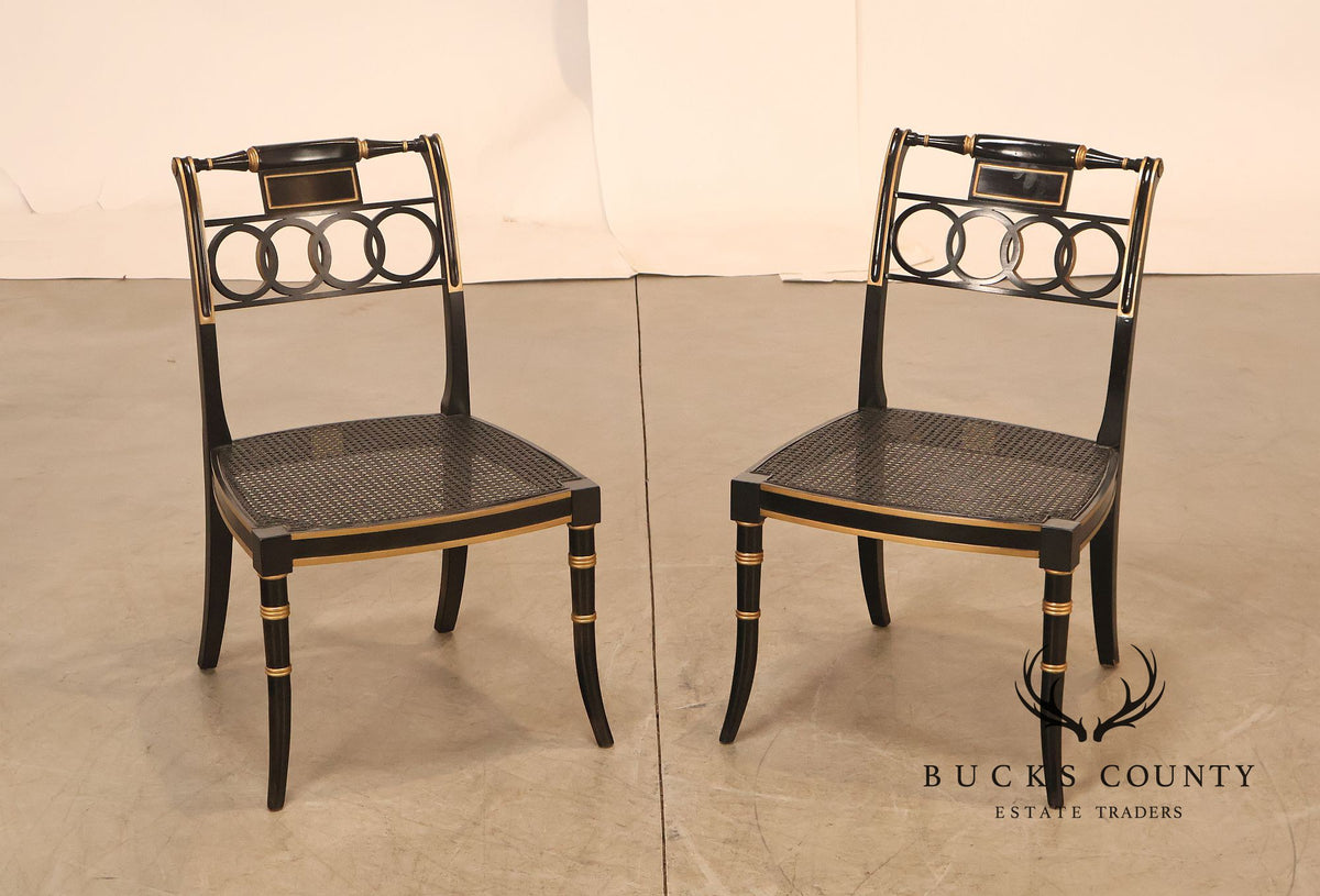 Baker Regency Style Pair of Ebonized and Partial Gilt Side Chairs