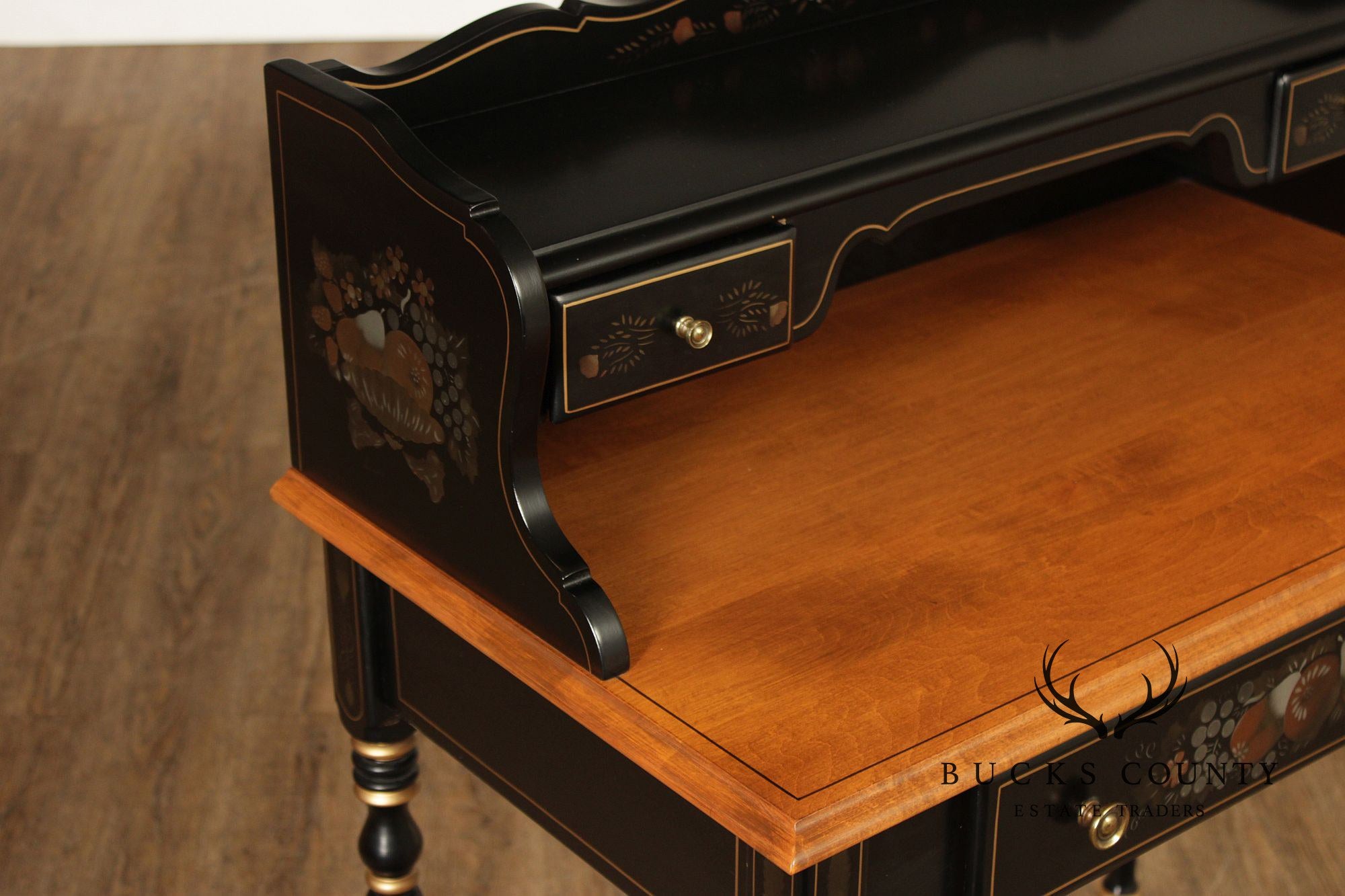 Ethan Allen Hitchcock Style Hand Painted Black Lacquer Writing Desk