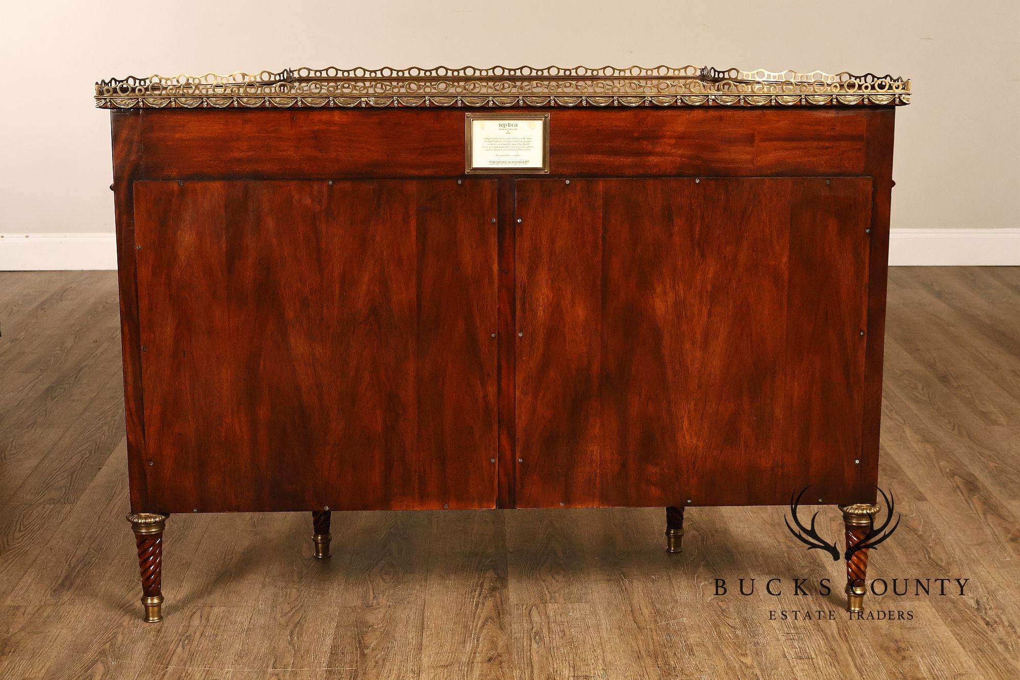 Theodore Alexander French Louis XVI Style Burl Wood Brass Mounted Gallery Top Pair Of Side Cabinets