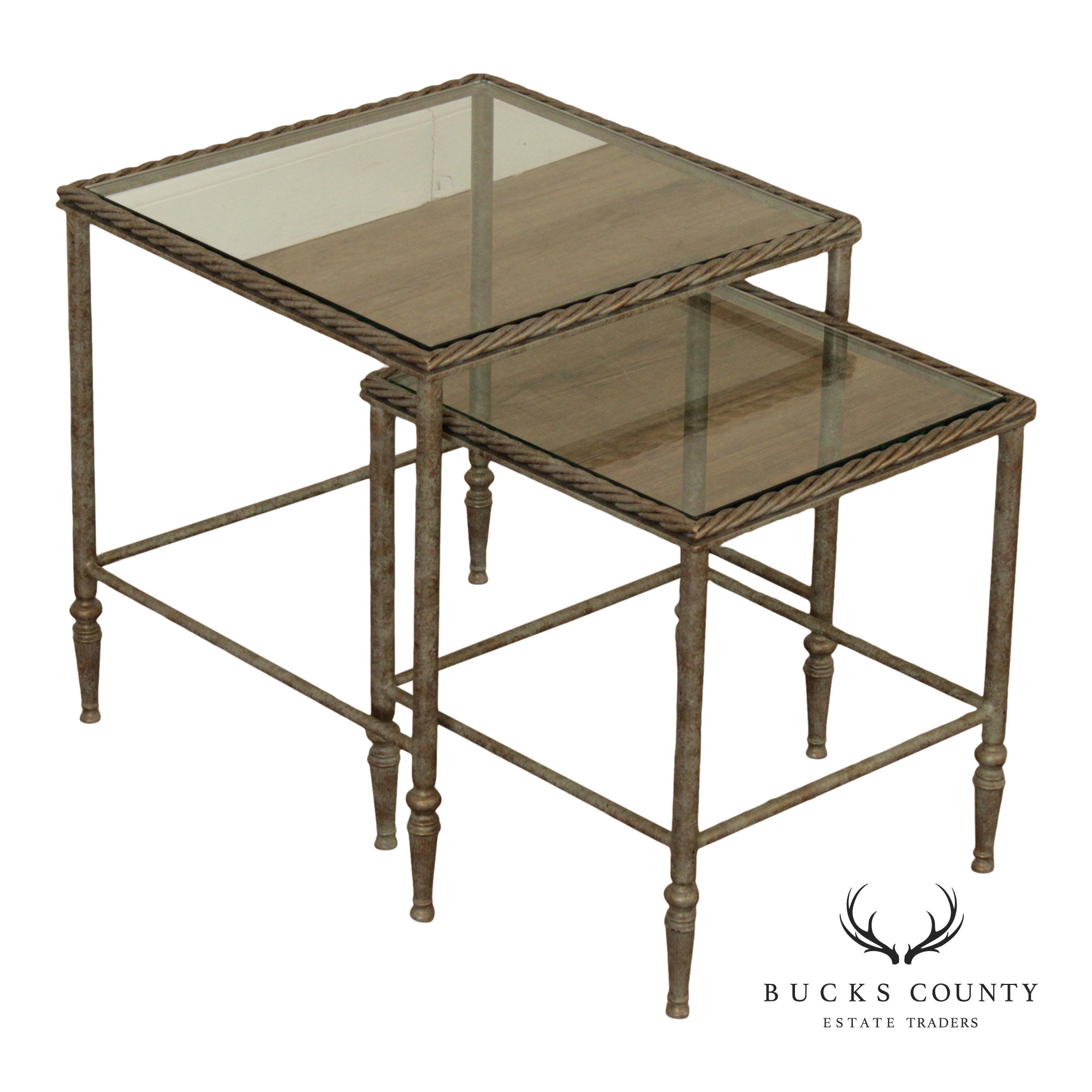 Vintage Pair of Iron Glass Top Nesting Tables