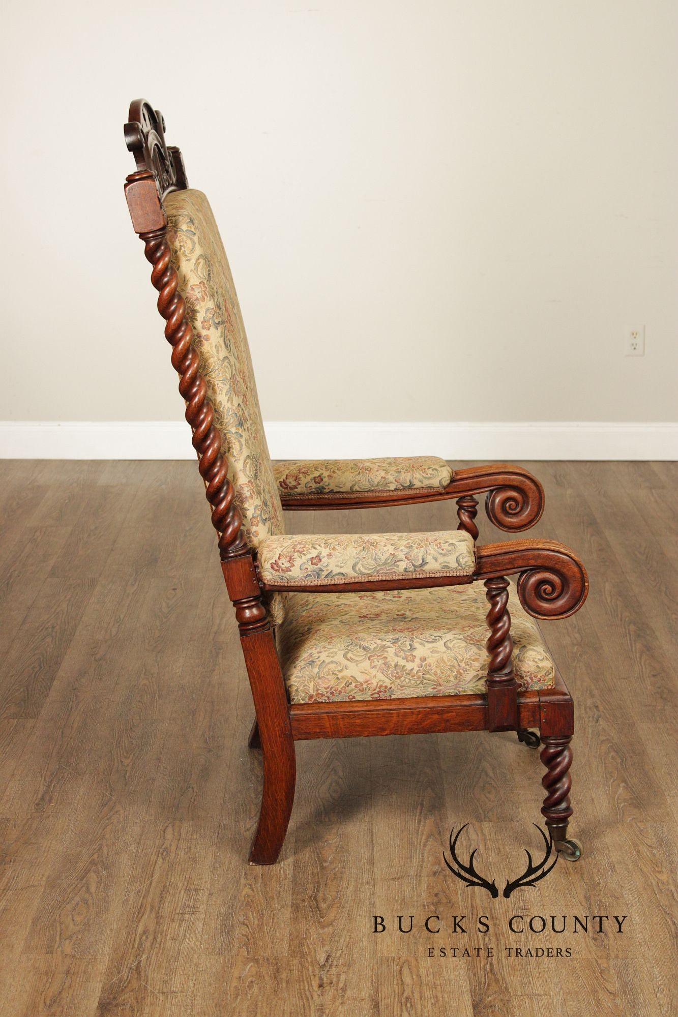 Antique Gothic Revival Barley Twist Carved Oak Throne Chair