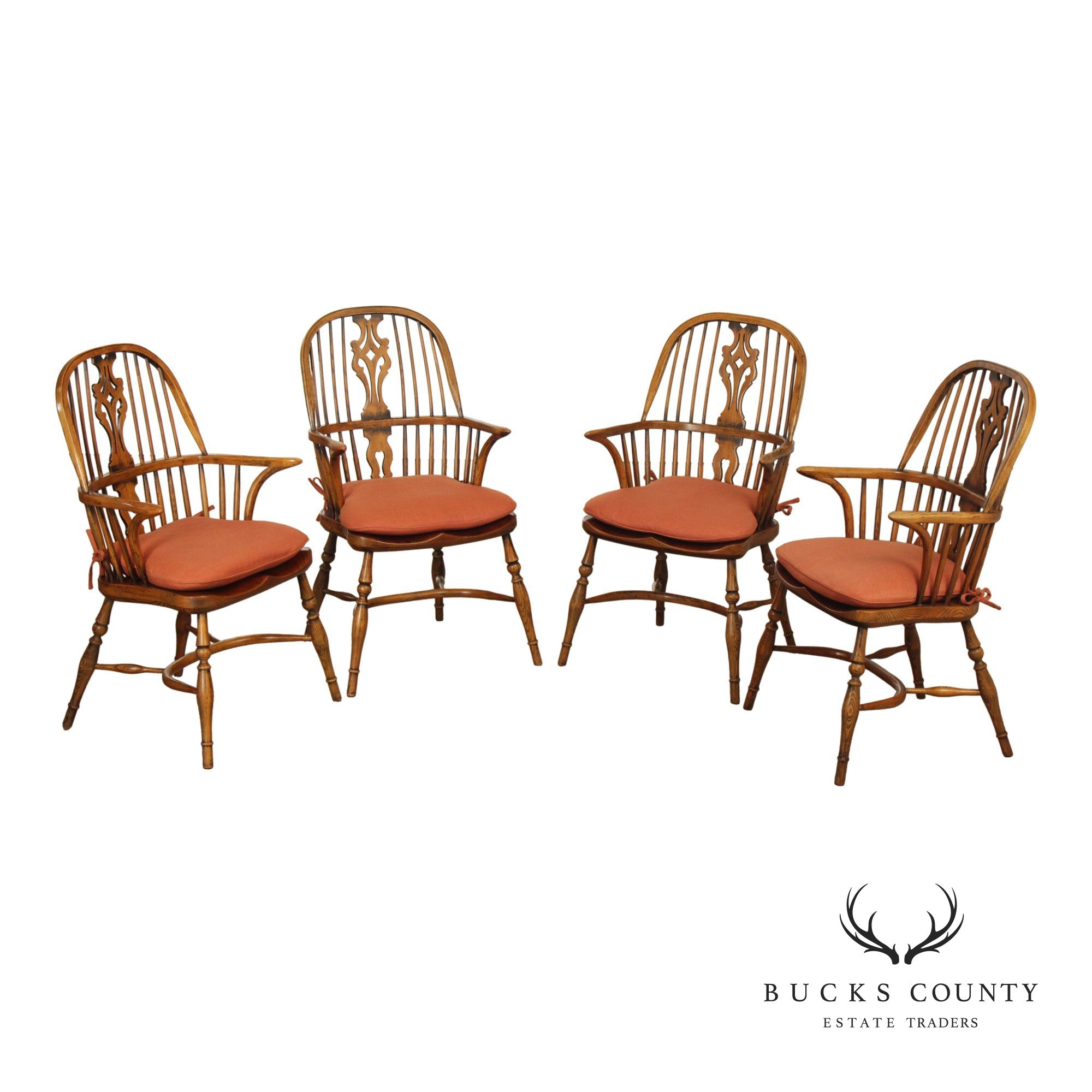Vintage Set of Four English Oak Windsor Dining Armchairs