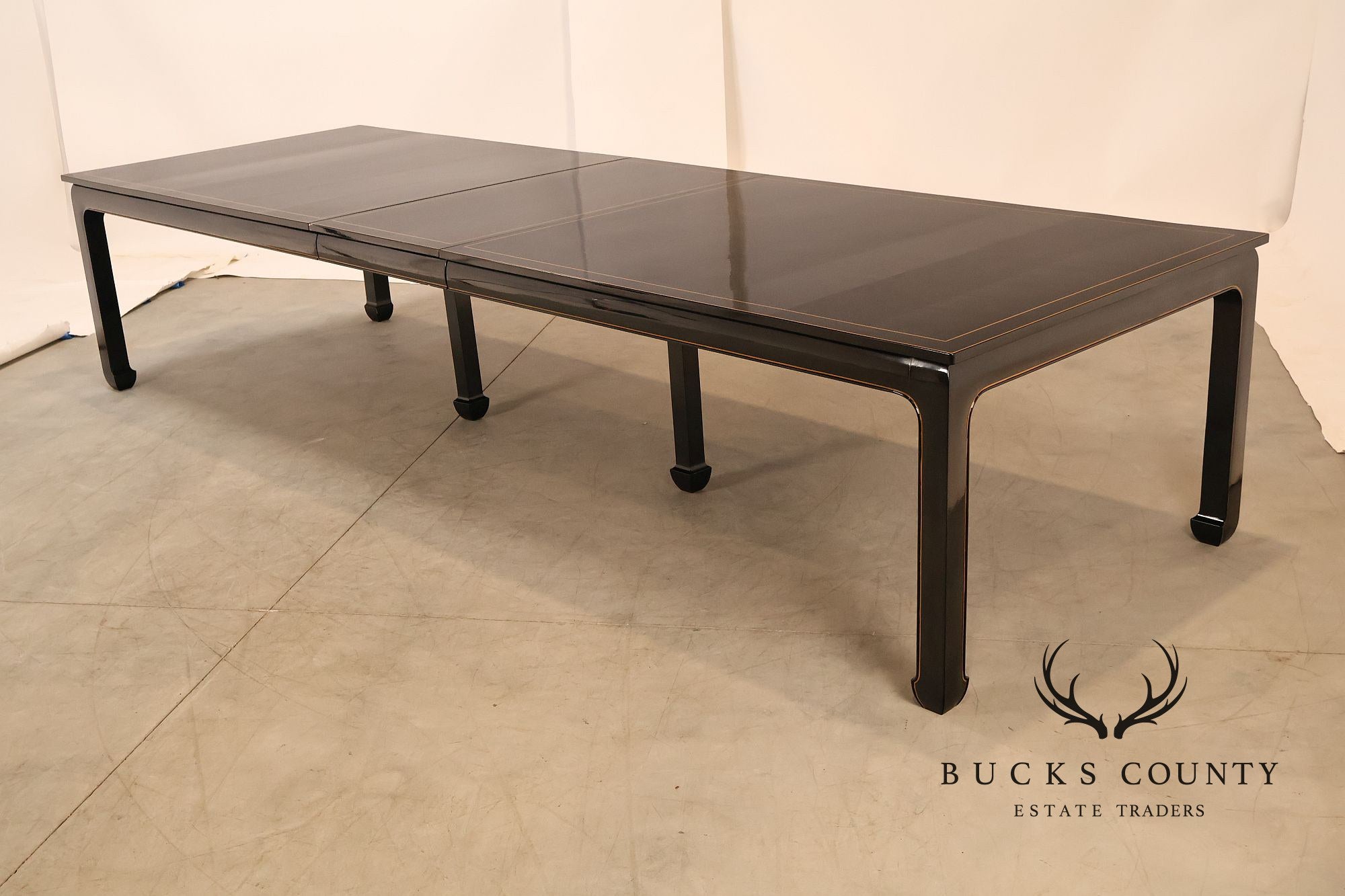 Custom Black Lacquered 12 Foot Extendable Dining Table With Gold Line Inlay
