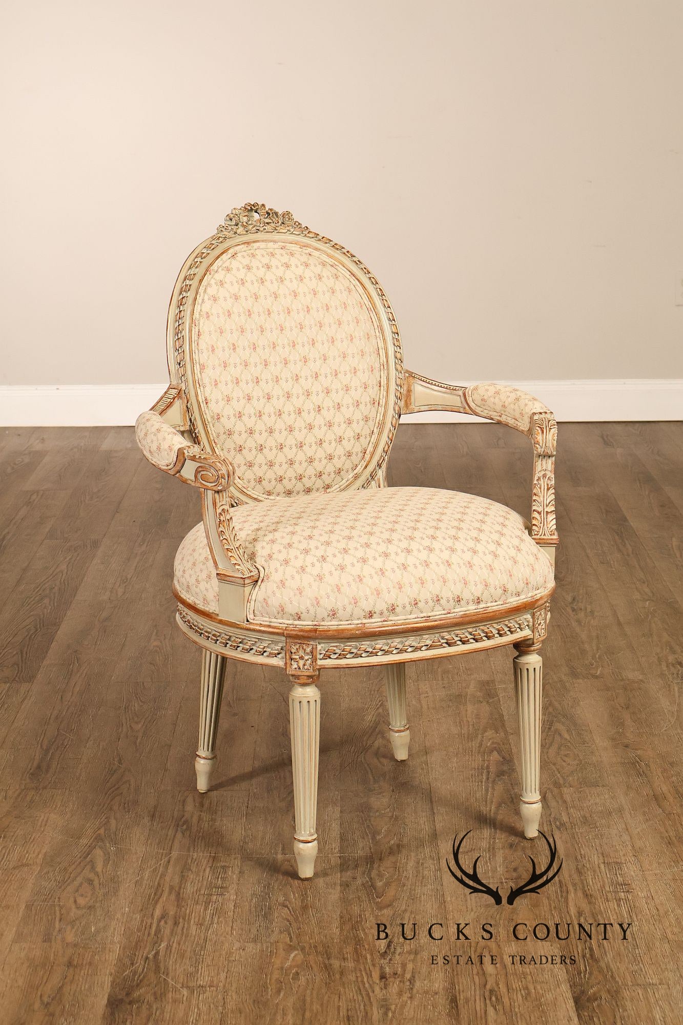 French Louis XVI Style Pair of Cream Painted Armchairs