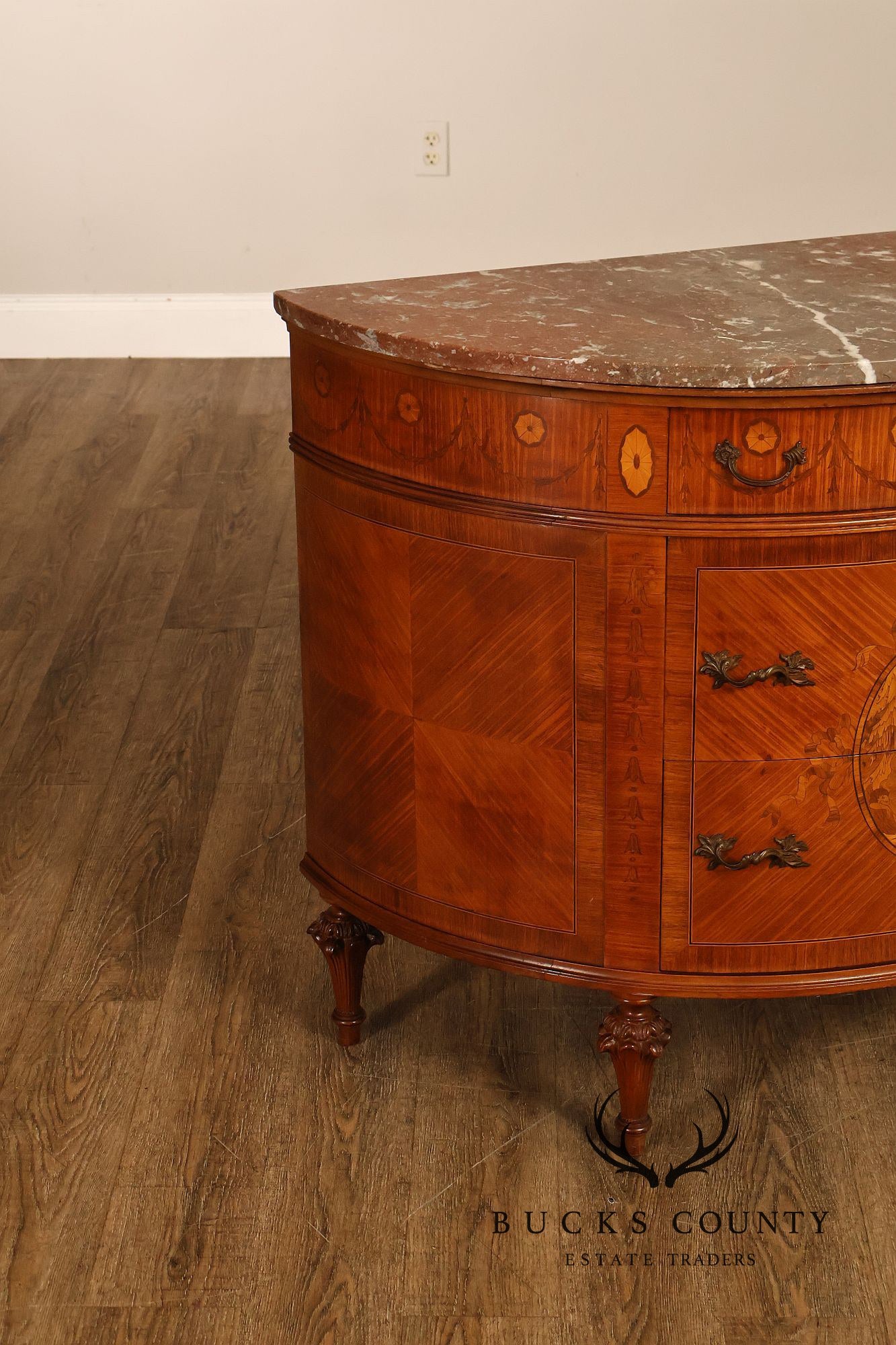 Antique French Louis XVI Neoclassical Inlaid Demilune Marble Top Commode