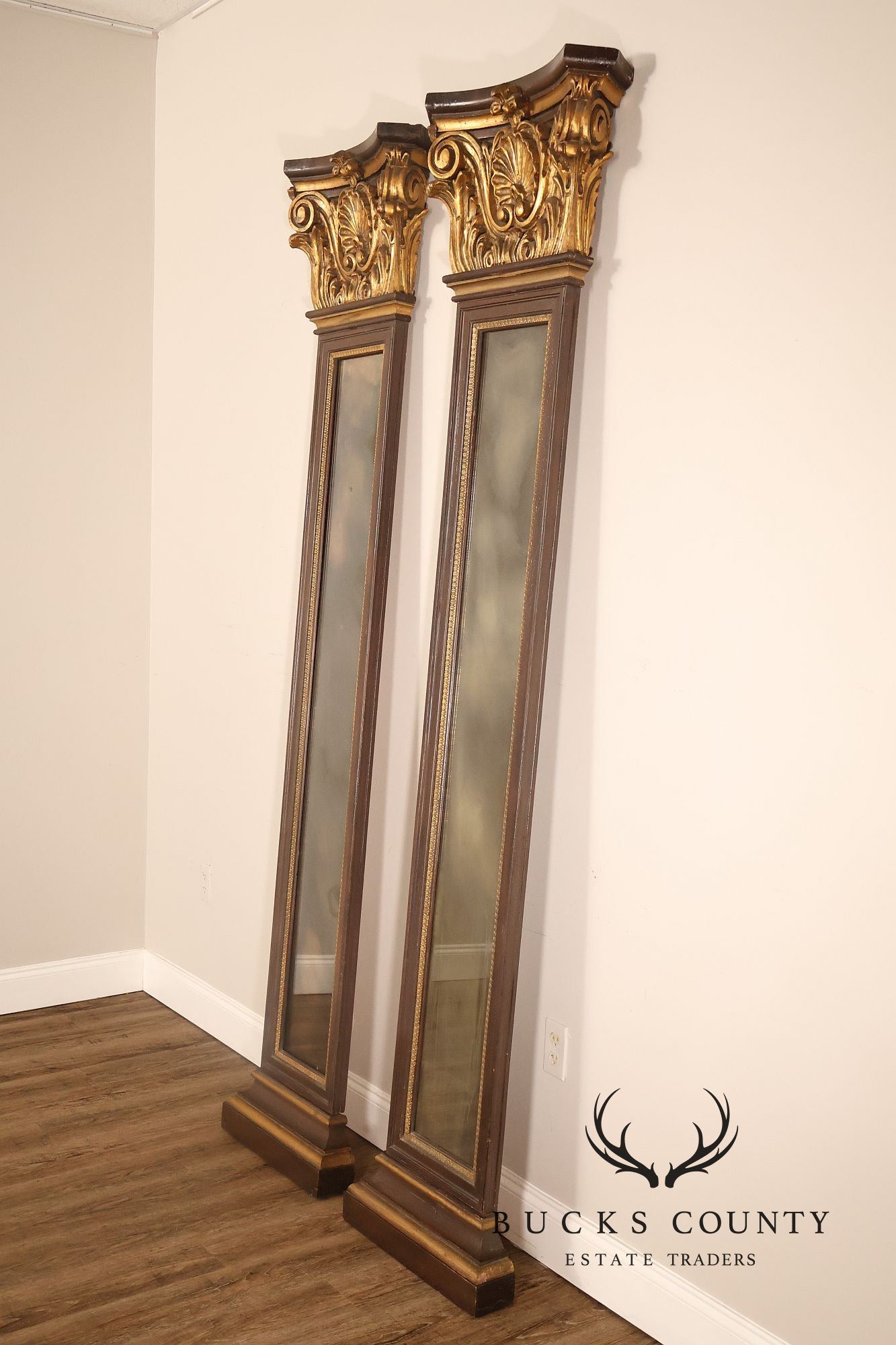 Pair Of Decorative Mirrored Wall Columns With Gilt Carved Capitals By Francisco Hurtado