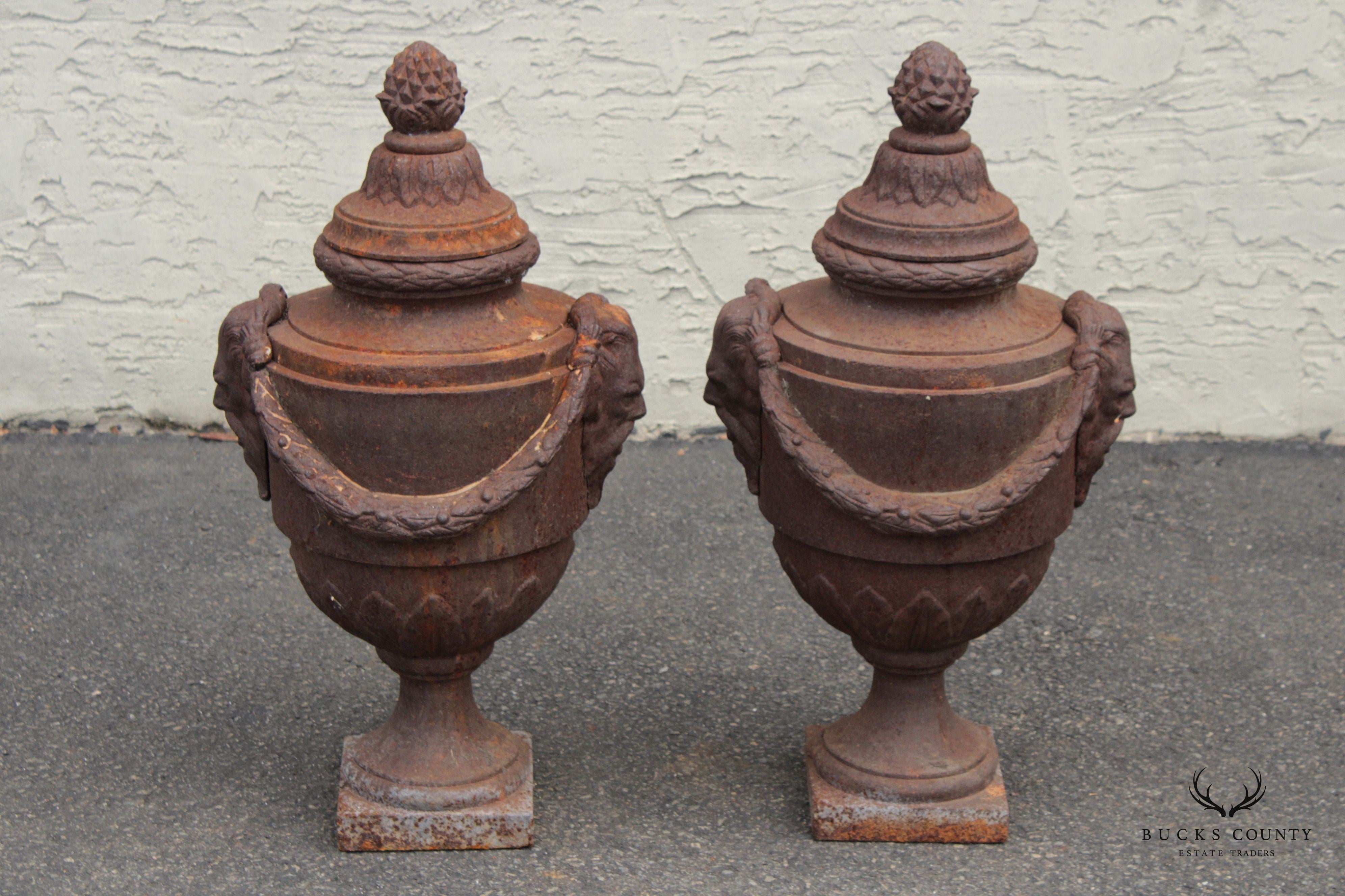Classical Style Pair of Cast Iron Outdoor Garden Urns