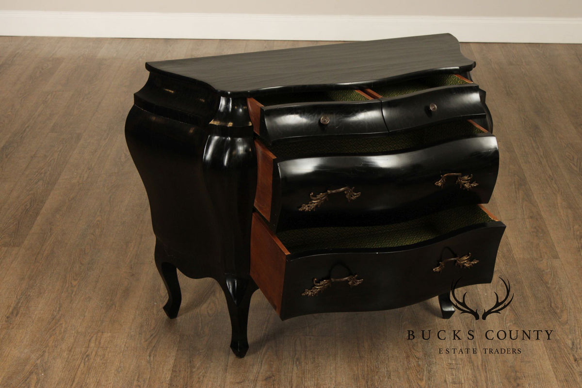 Vintage Italian Rococo Style Ebonized Olive Wood Bombe Chest