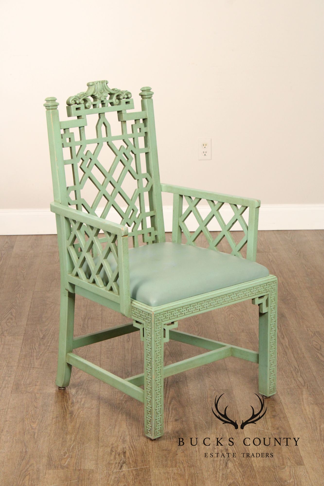 Chinese Chippendale Style Pair Painted Fretwork Armchairs