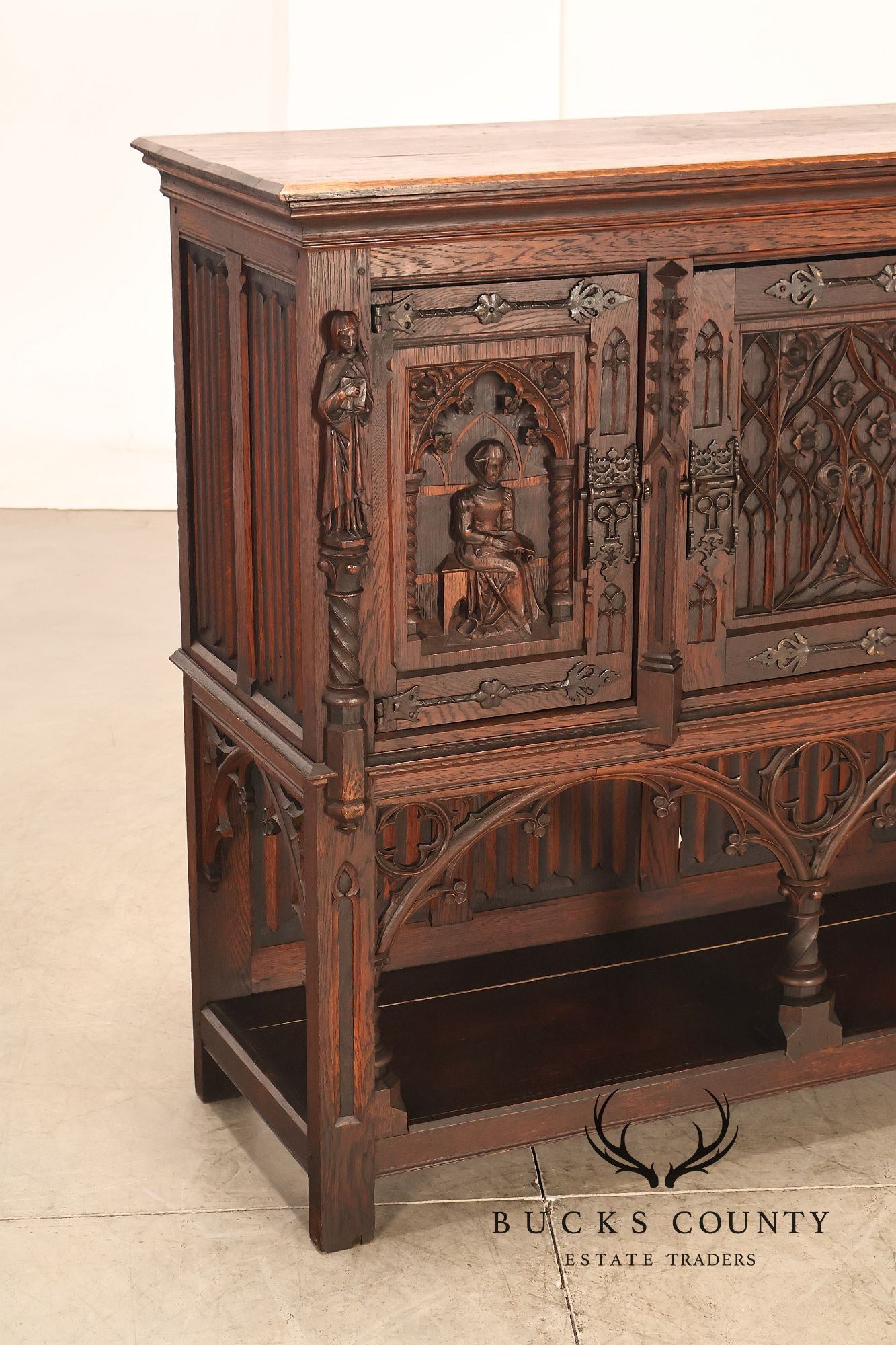 Antique Neo-Gothic Carved Oak Sideboard Server With Figural Panels