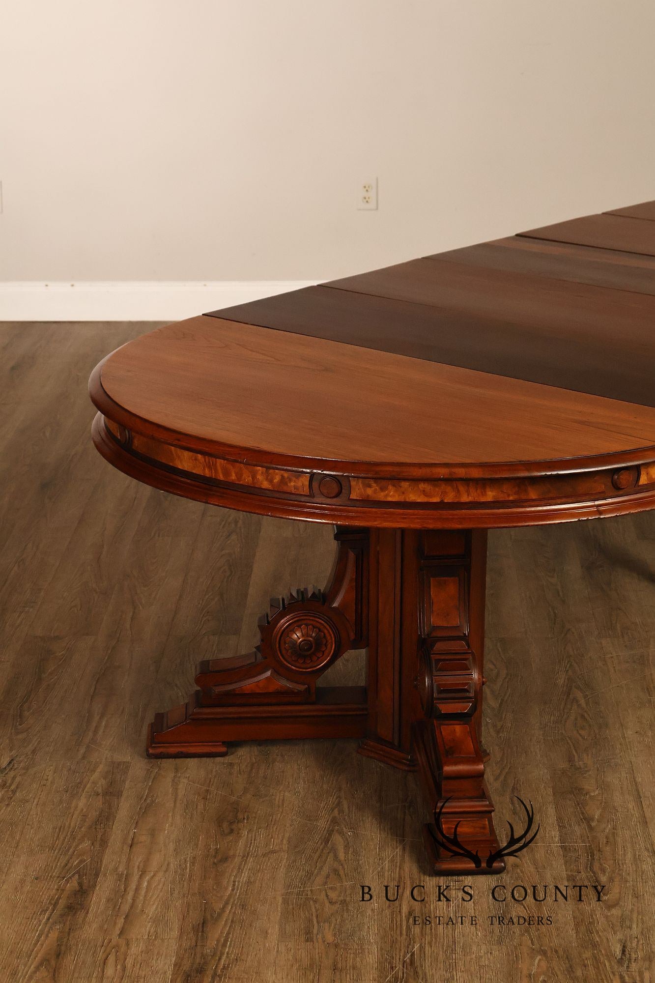 Antique Victorian Renaissance Revival Round Walnut Split Pedestal Extension Dining Table