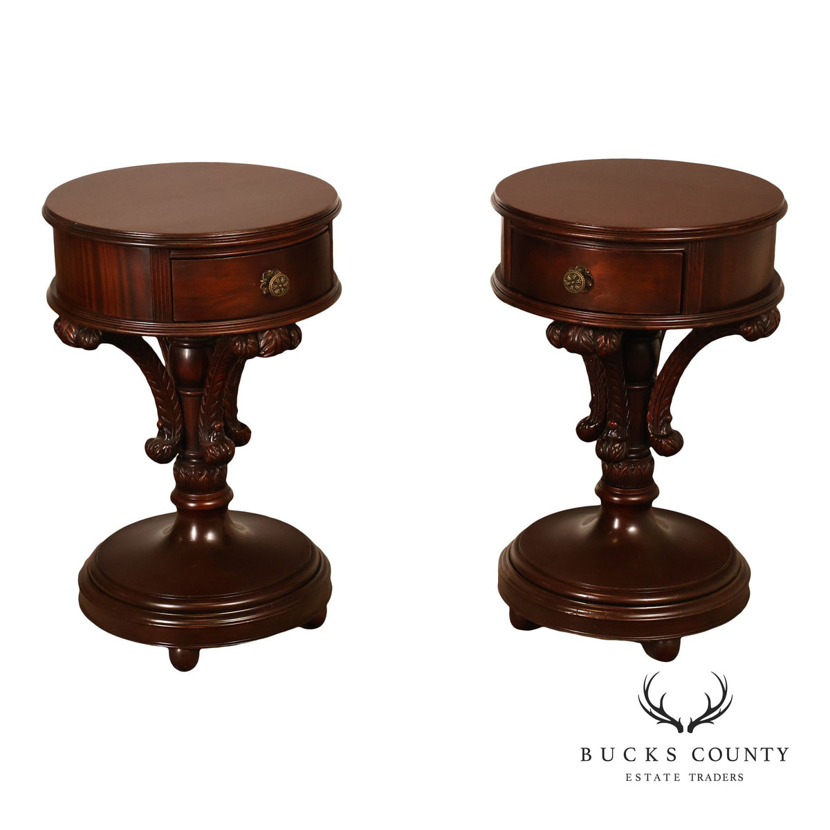 Carved Mahogany Pair Of Round Pedestal End Tables With A Drawer