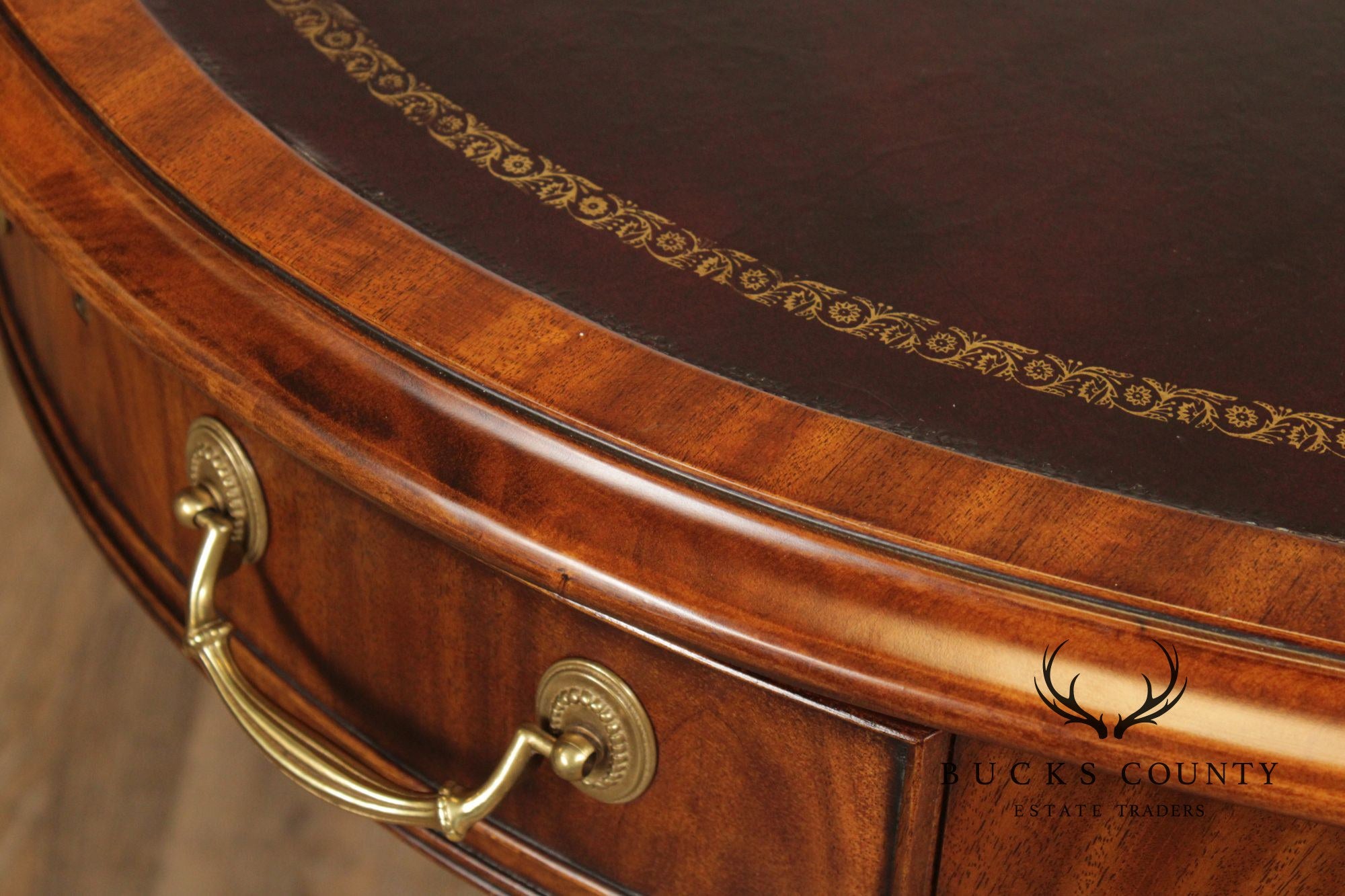 E.J. Victor Regency Style Mahogany Leather Top Oval Partners Desk Writing Table