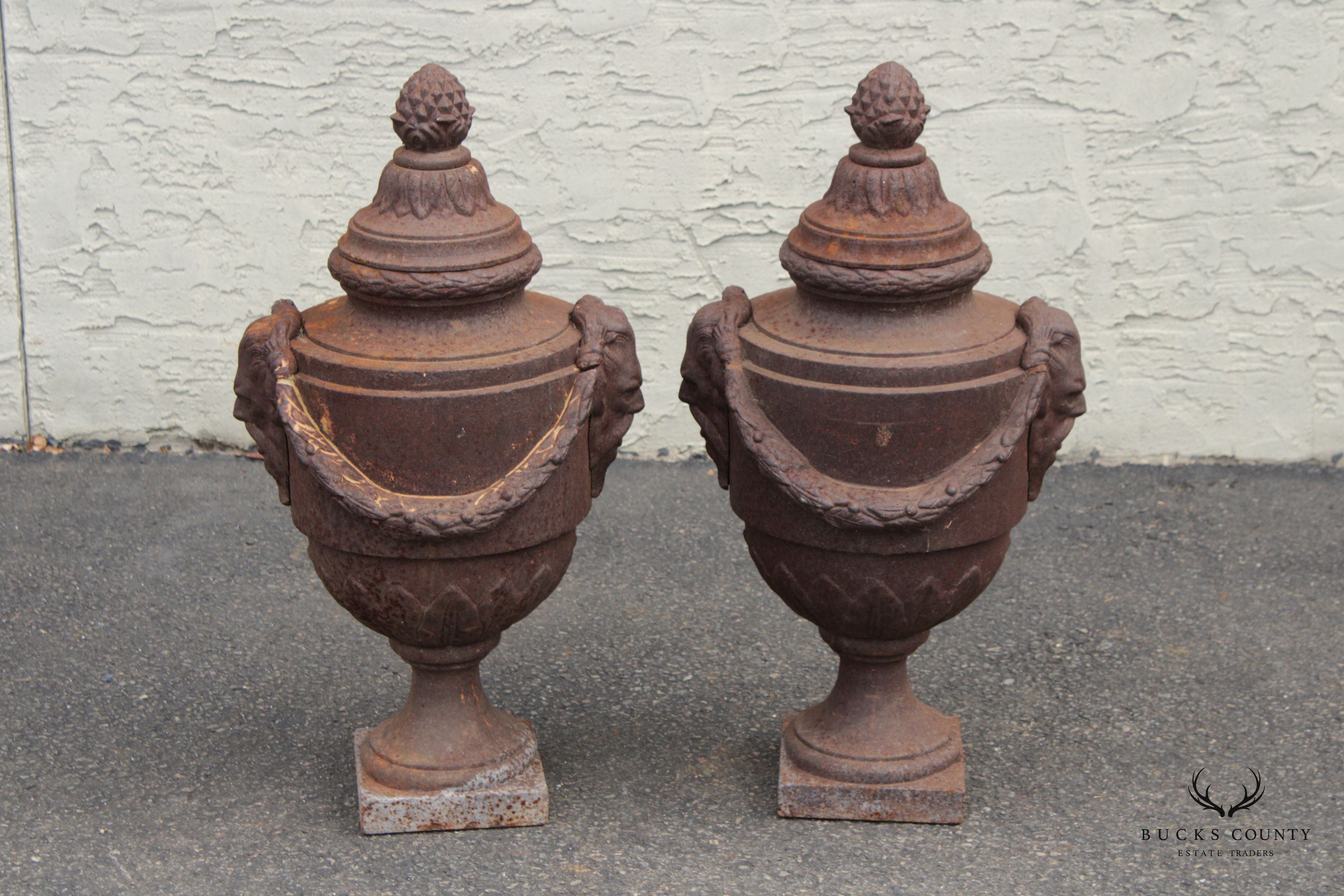 Classical Style Pair of Cast Iron Outdoor Garden Urns